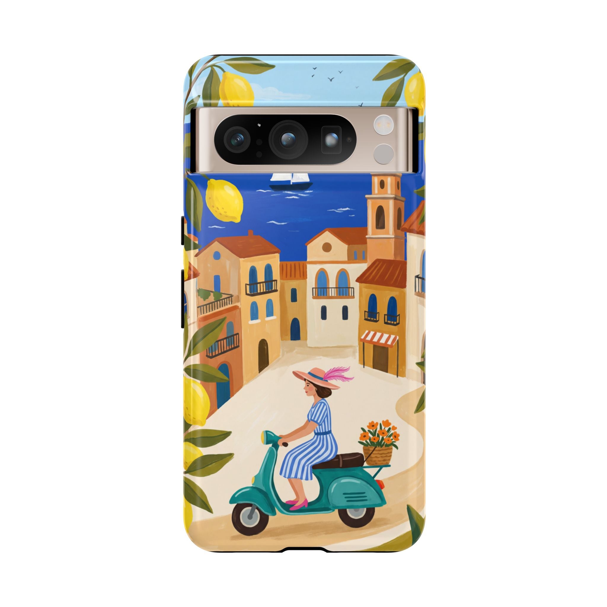 Mediterranean Scooter Google Pixel Phone Case | Coastal Lemon Grove Design