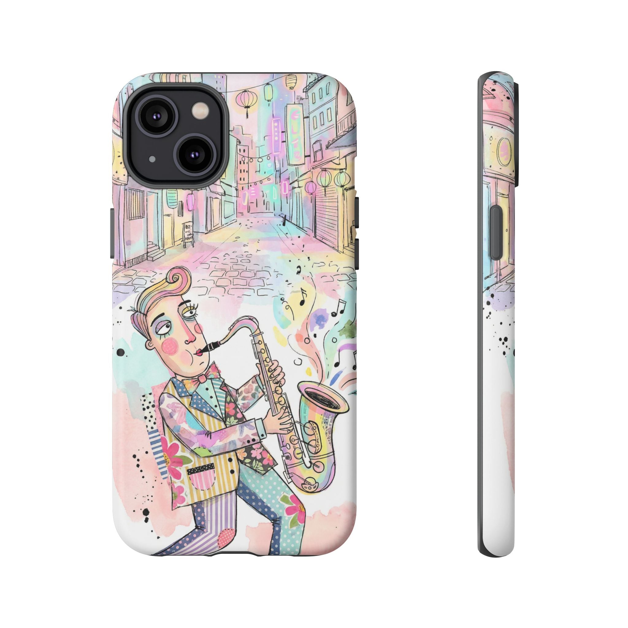 Sax Player Art iPhone Case | Pastel Jazz Street Illustration