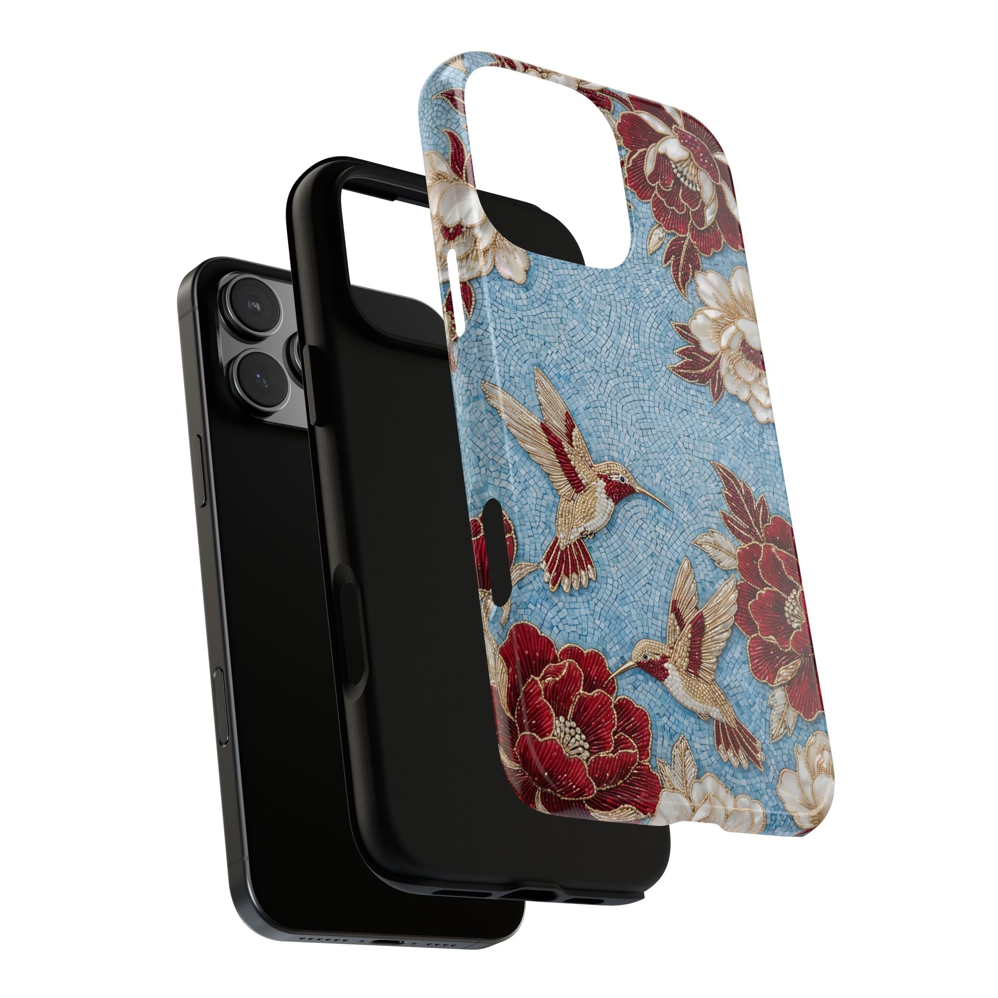 Custodia resistente per iPhone Colibrì floreale | Design botanico vintage blu e bordeaux