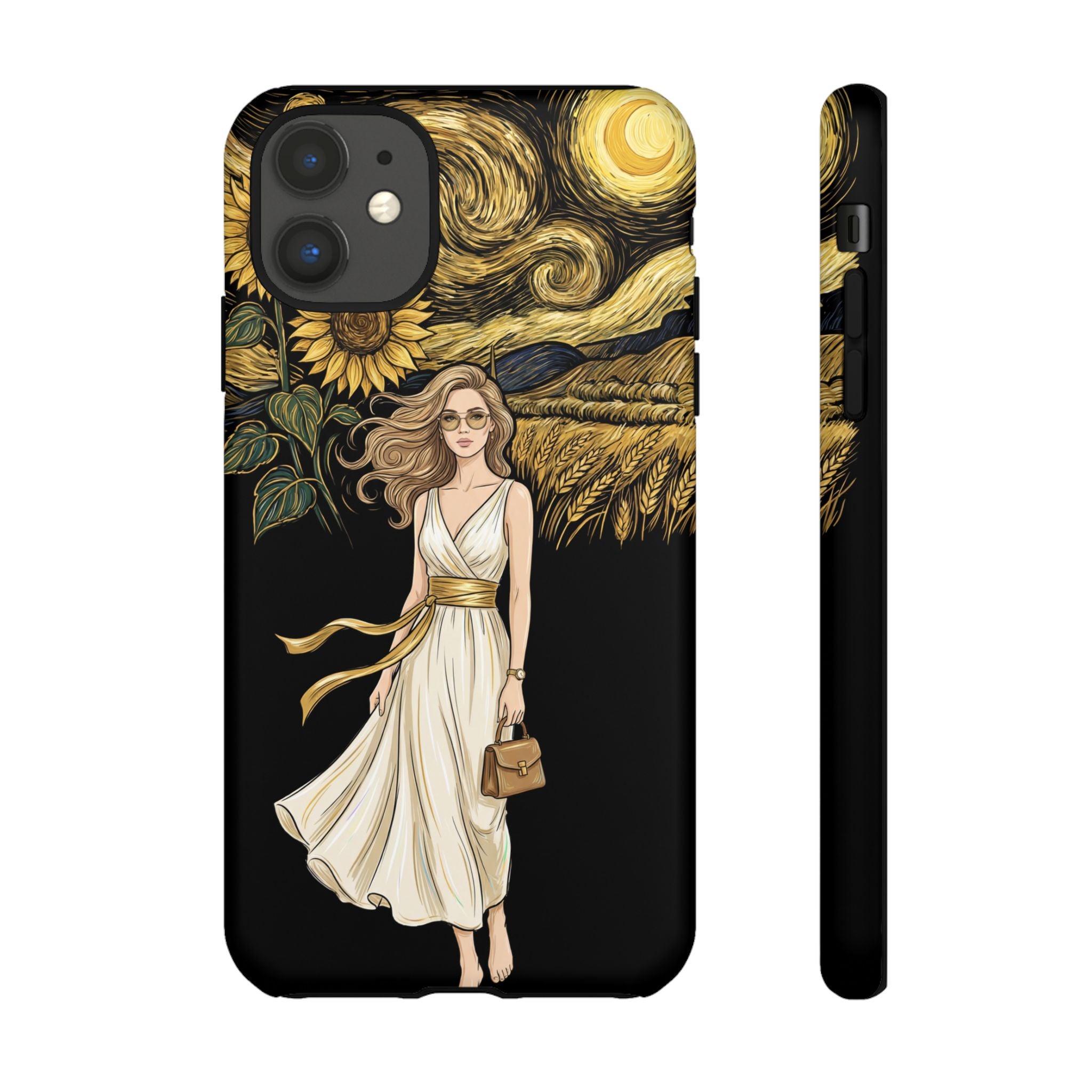 Sunflower Night iPhone Case | Woman in Flowing Dress Van Gogh Style