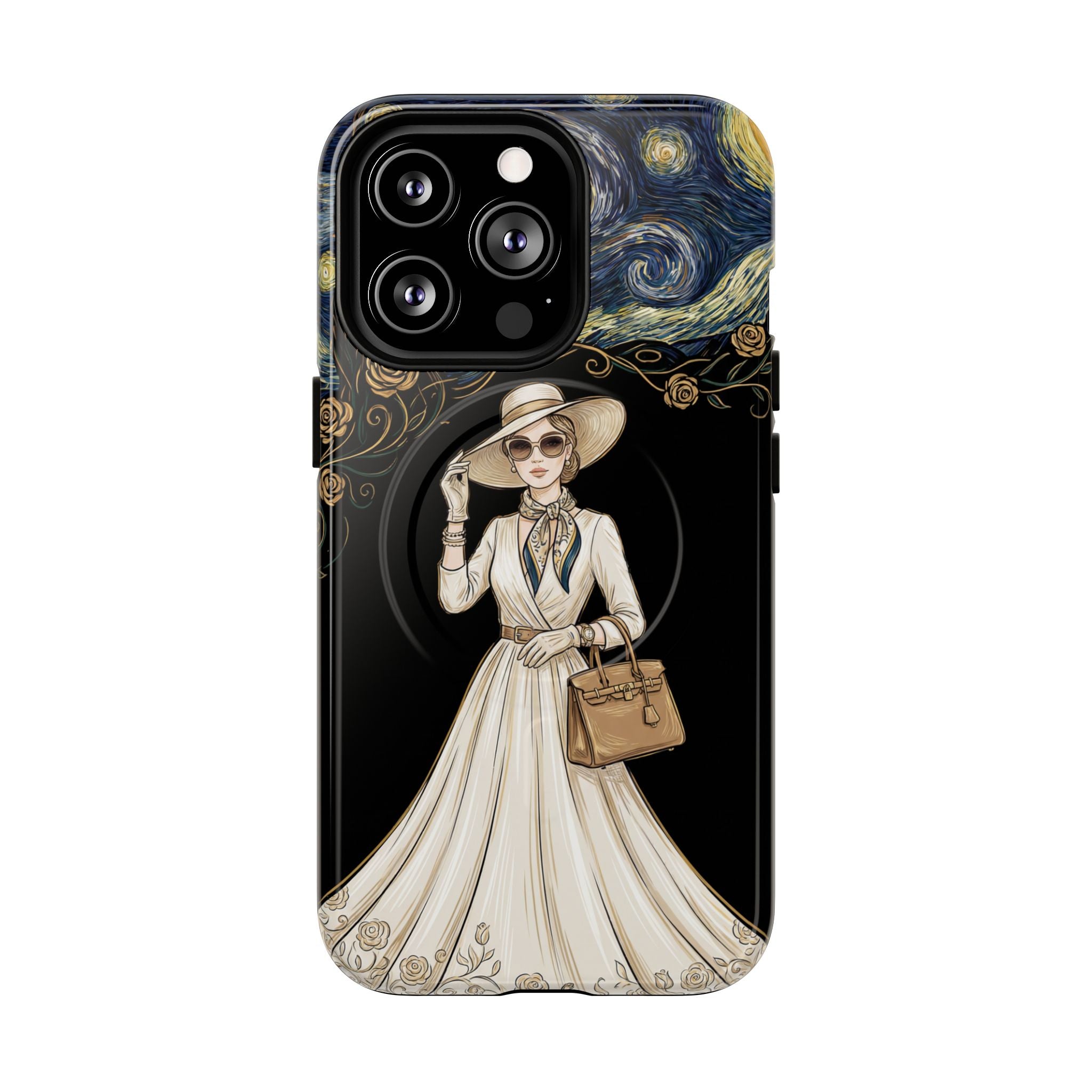 Vintage Starry Night Fashion MagSafe iPhone Case | Elegant Lady in White Dress