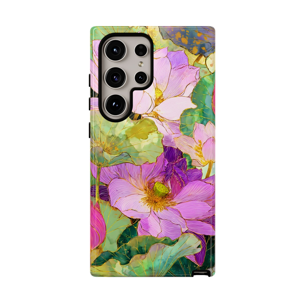 Custodia Protettiva Resistente per Telefono Samsung Galaxy con Acquerello Floreale | Cover Protettiva Giardino di Loto Rosa