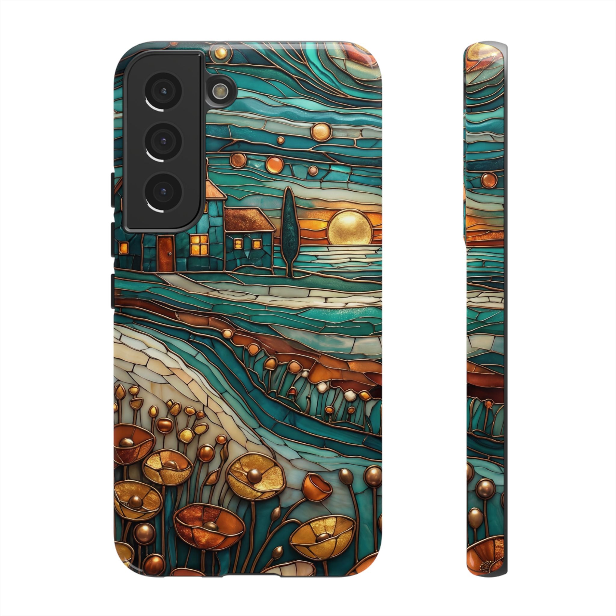 Artistic Sunset Cottage Samsung Galaxy Case | Whimsical Floral Landscape Protective Cover