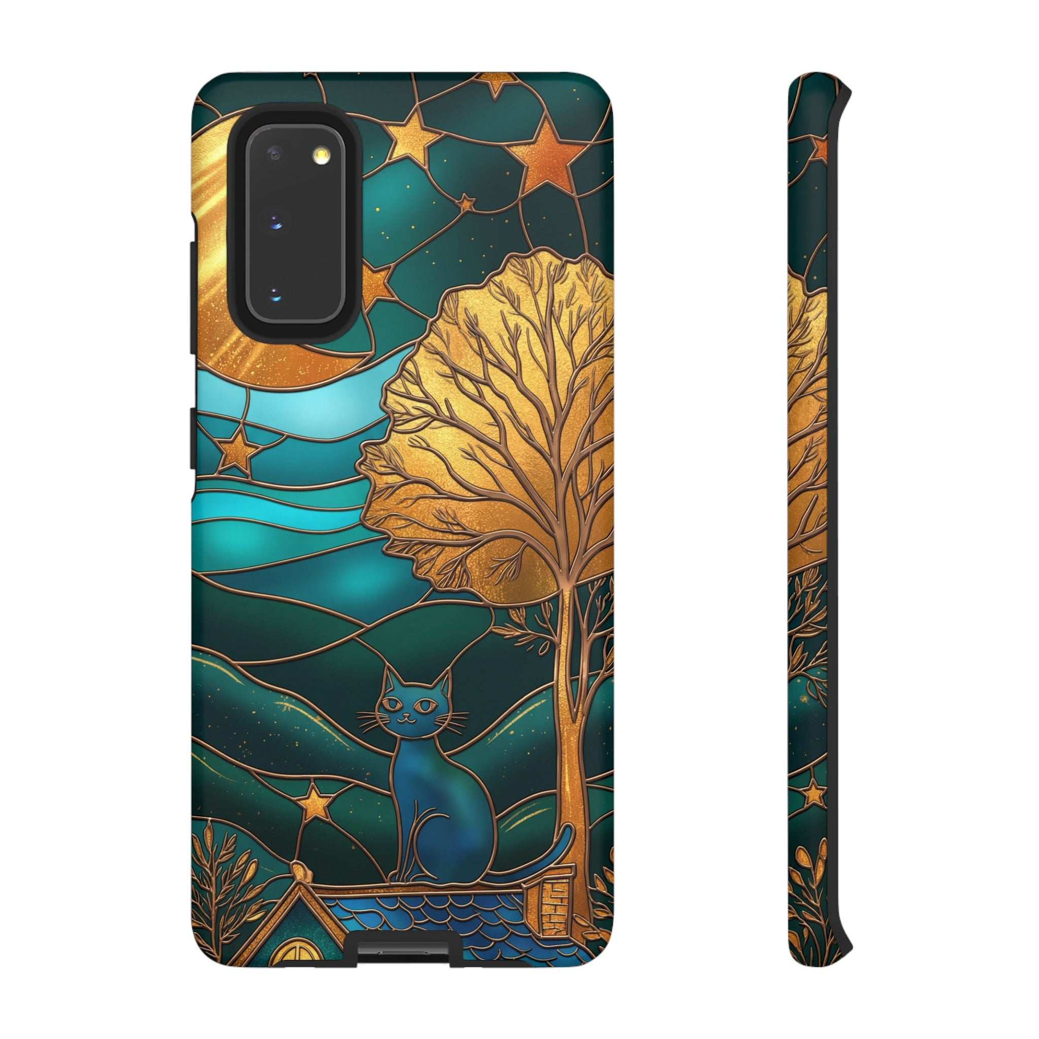 Stained Glass Cat Tough Samsung Galaxy Case | Gold Tree & Starry Night Design