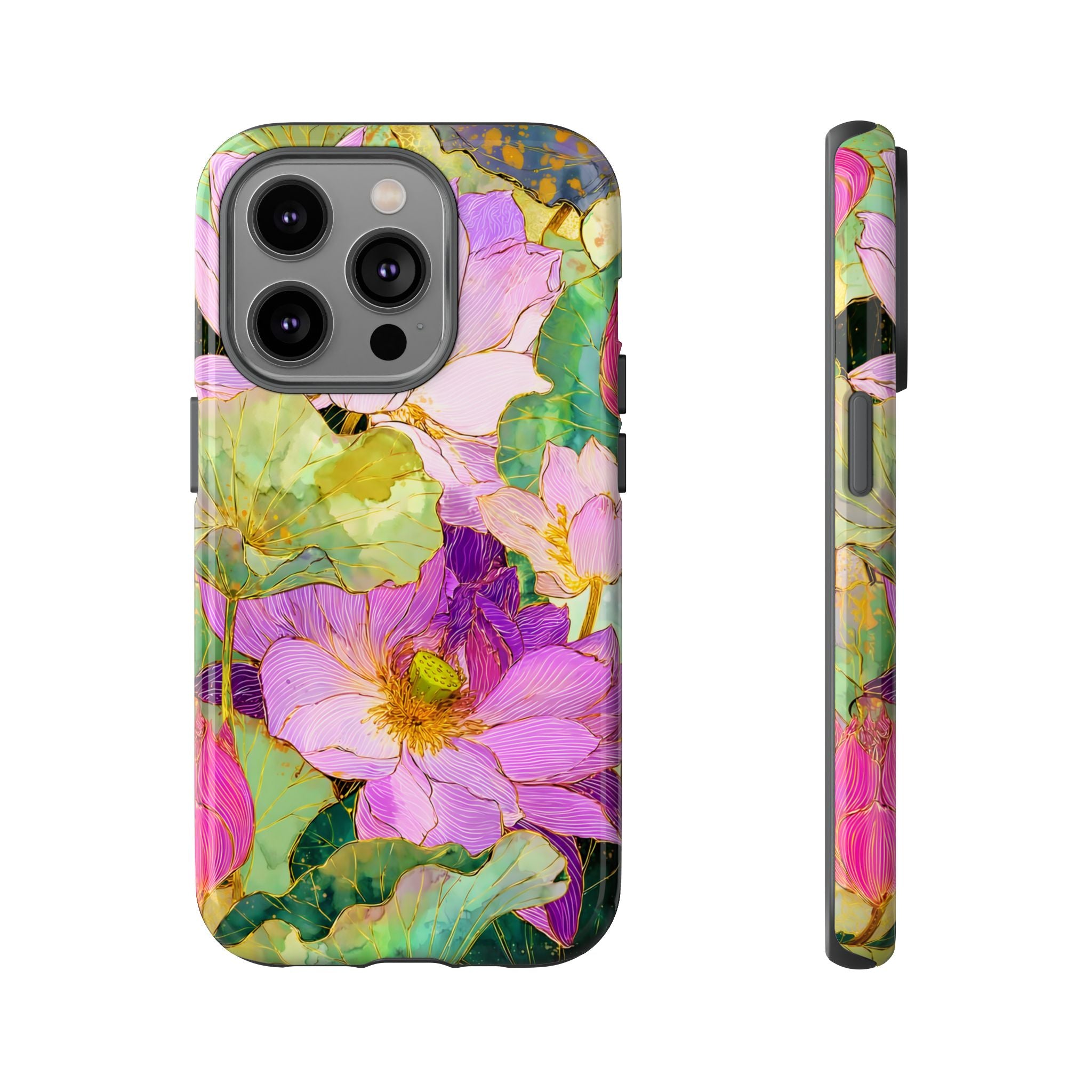 Floral Watercolor Tough iPhone Case | Pink Lotus Garden Protective Cover