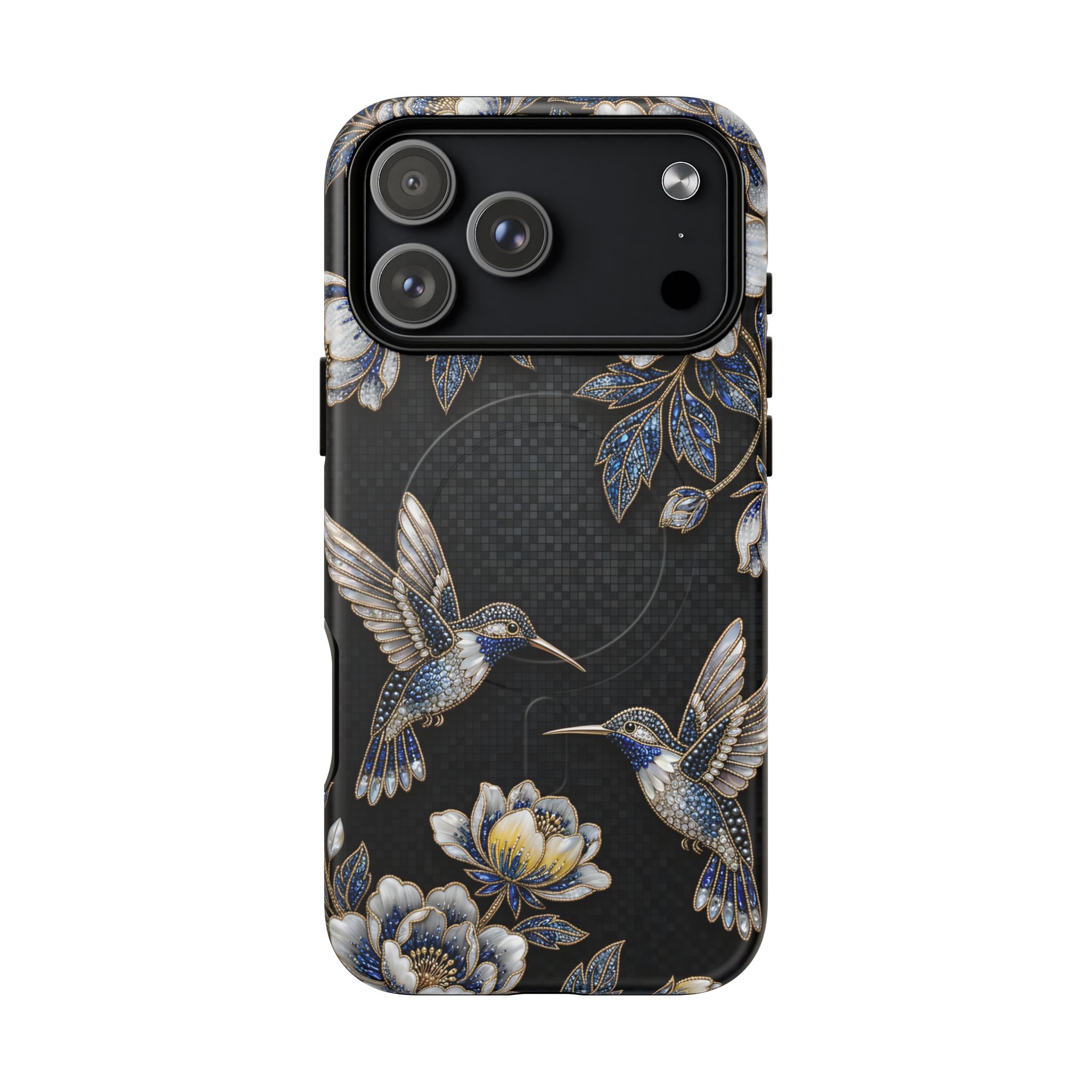 Hummingbird & Peony Floral MagSafe iPhone Case | Elegant Black Protective Cover
