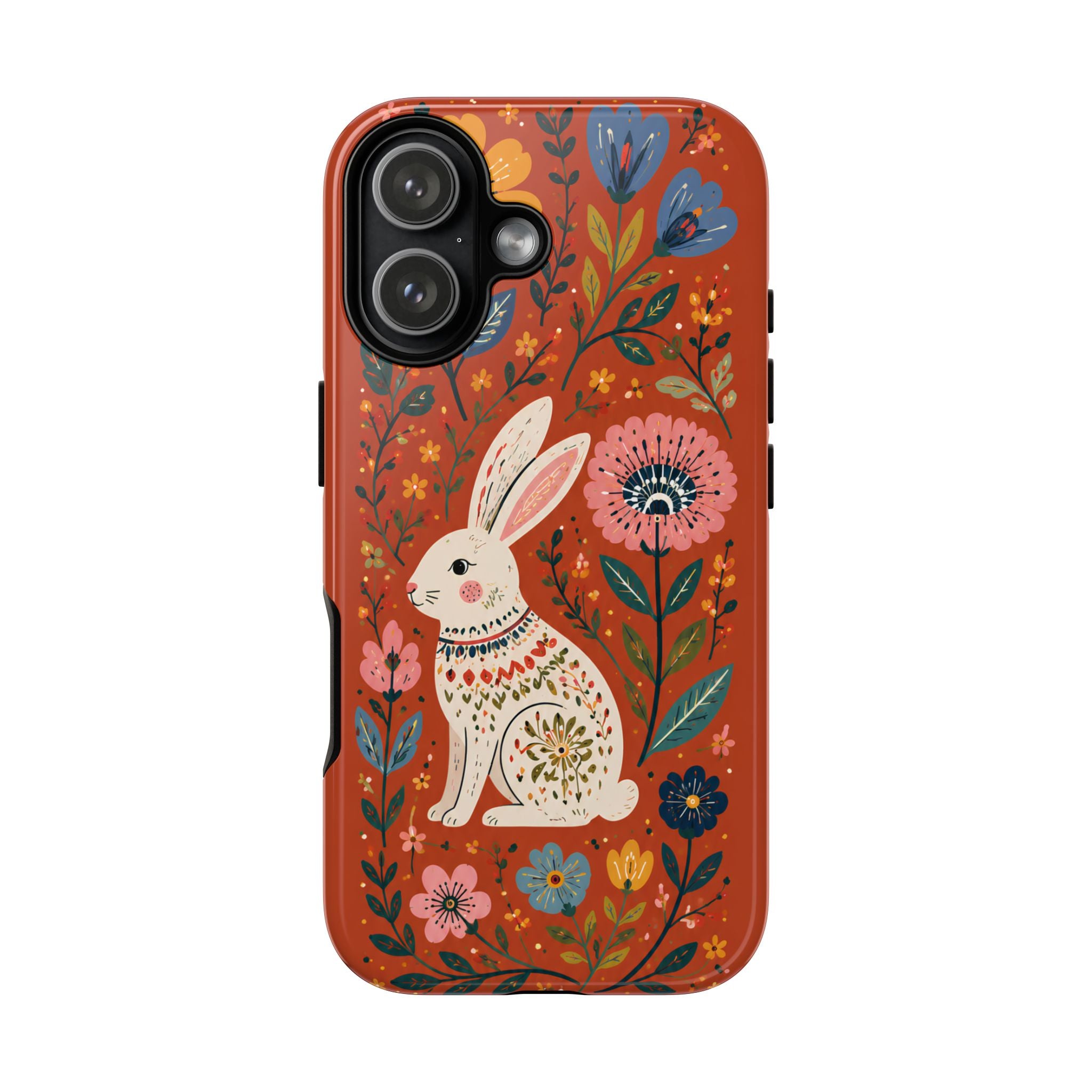 Floral Rabbit Tough iPhone Case | Protective Phone Case with Folk Art Bunny Design