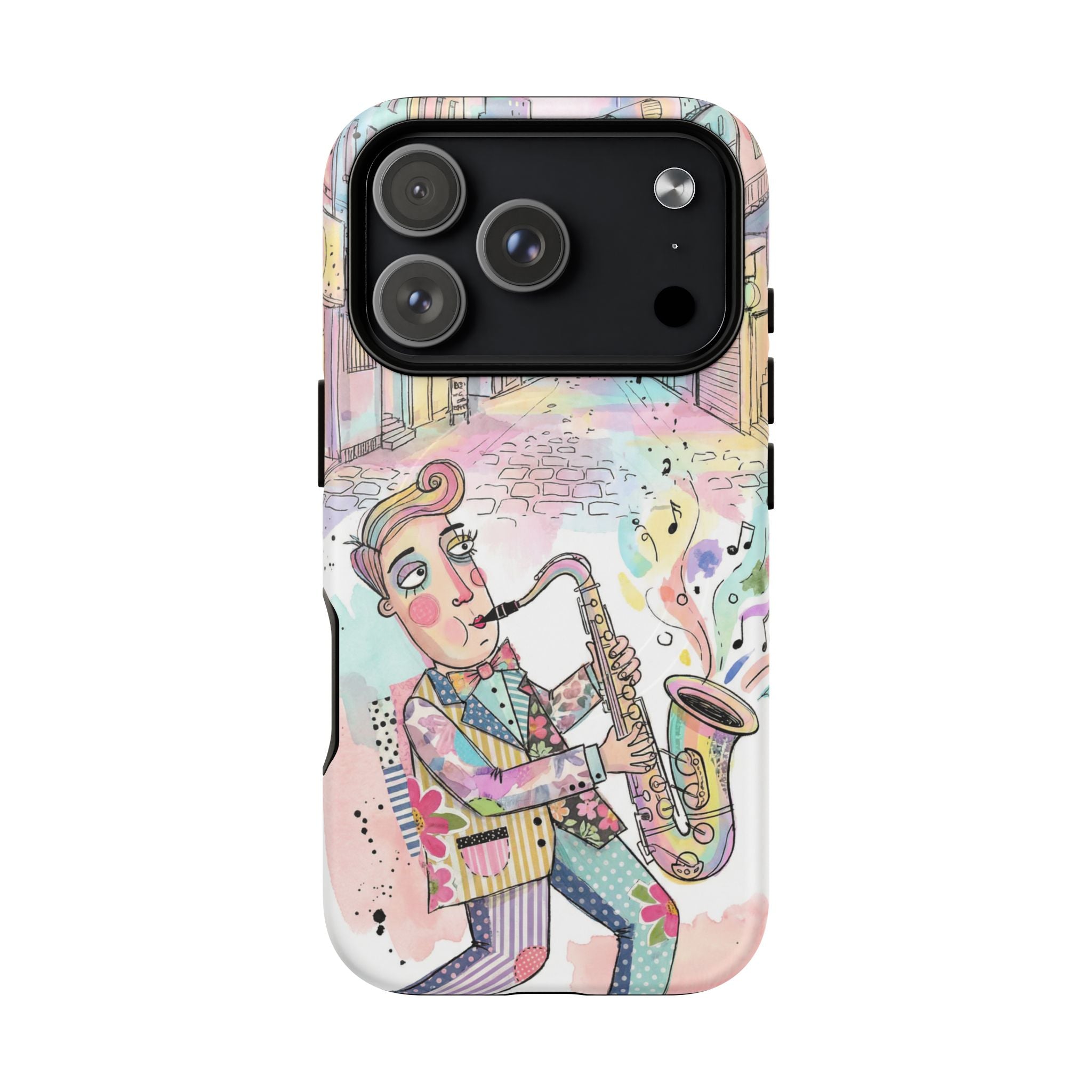Sax Player Art MagSafe iPhone Case | Pastel Jazz Street Illustration