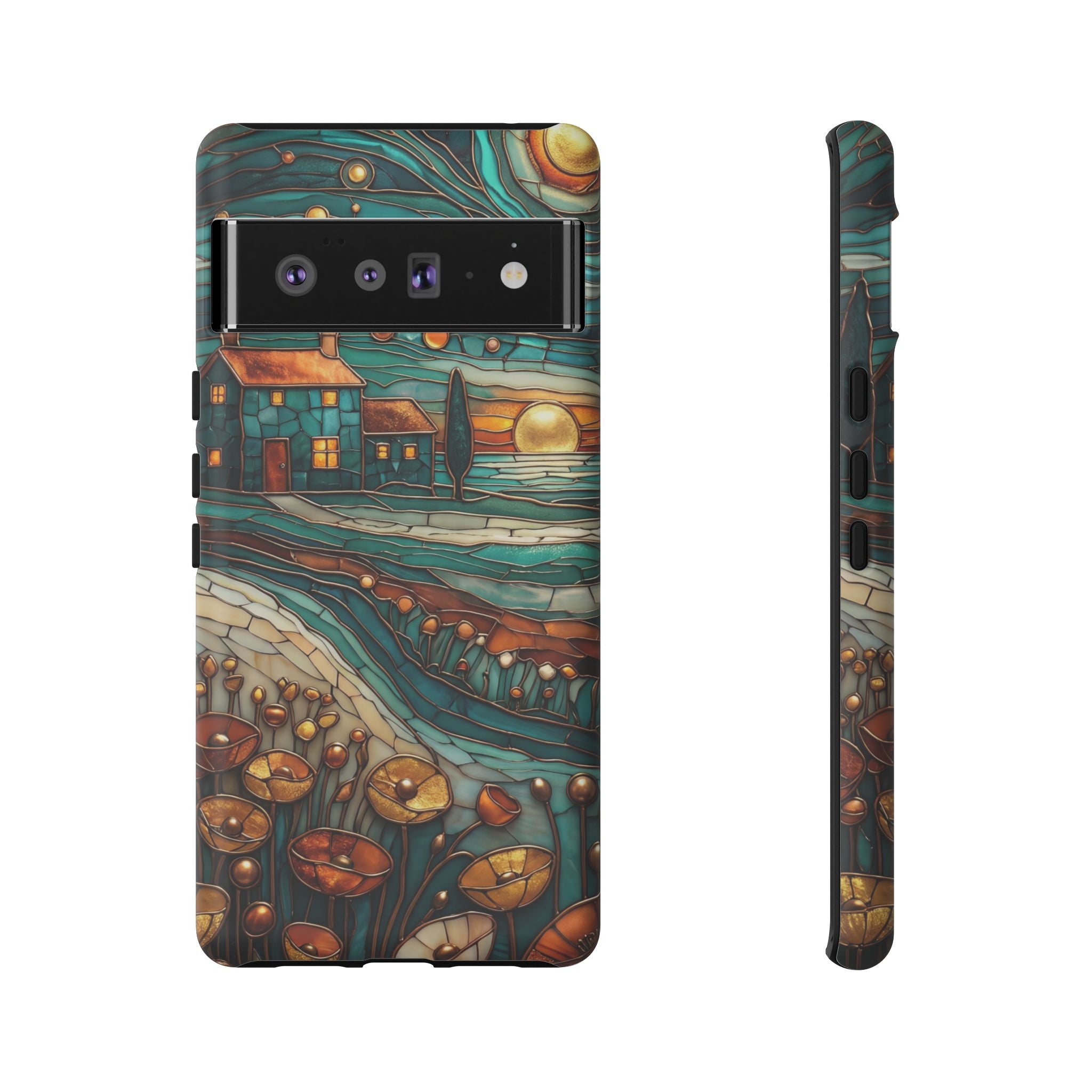 Artistic Sunset Cottage Google Pixel Case | Whimsical Floral Landscape Protective Cover