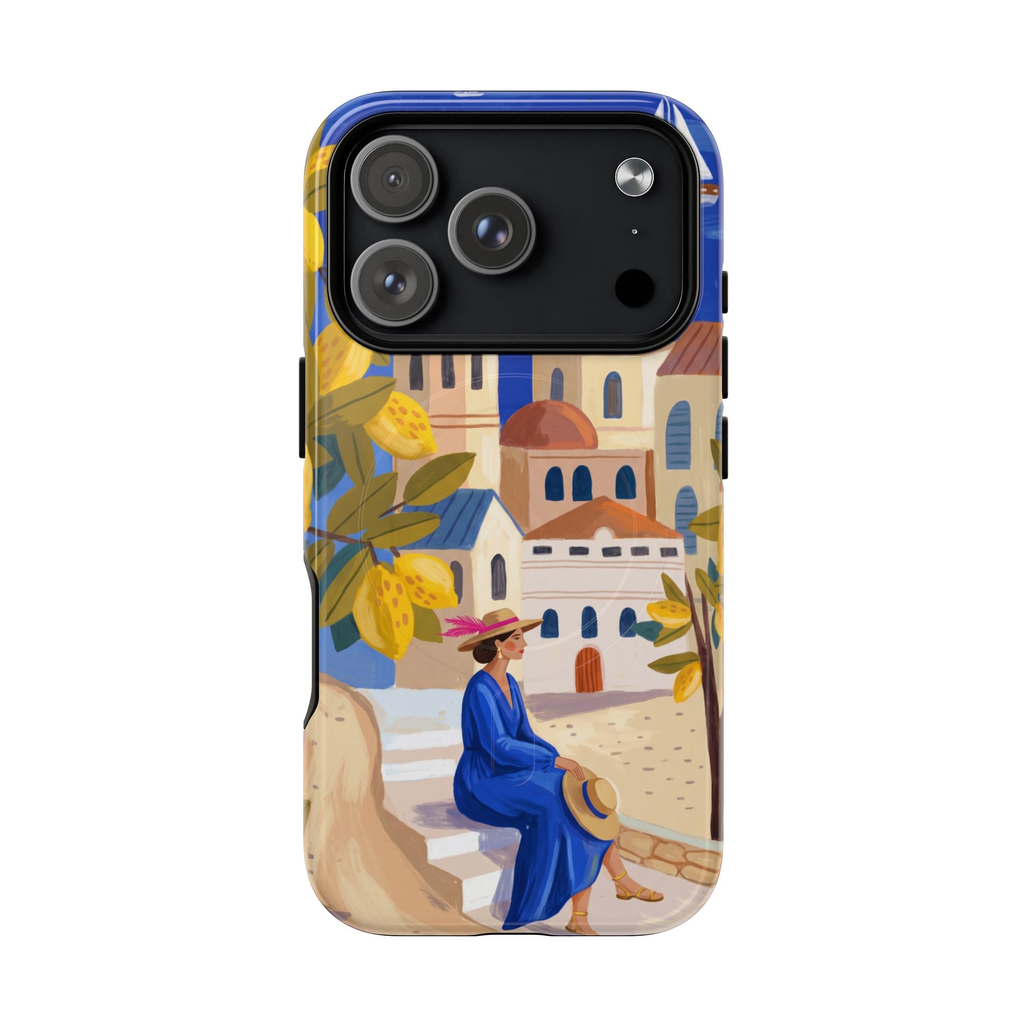 Mediterranean Village MagSafe iPhone Case | Scenic Sailboat & Lemon Grove Design