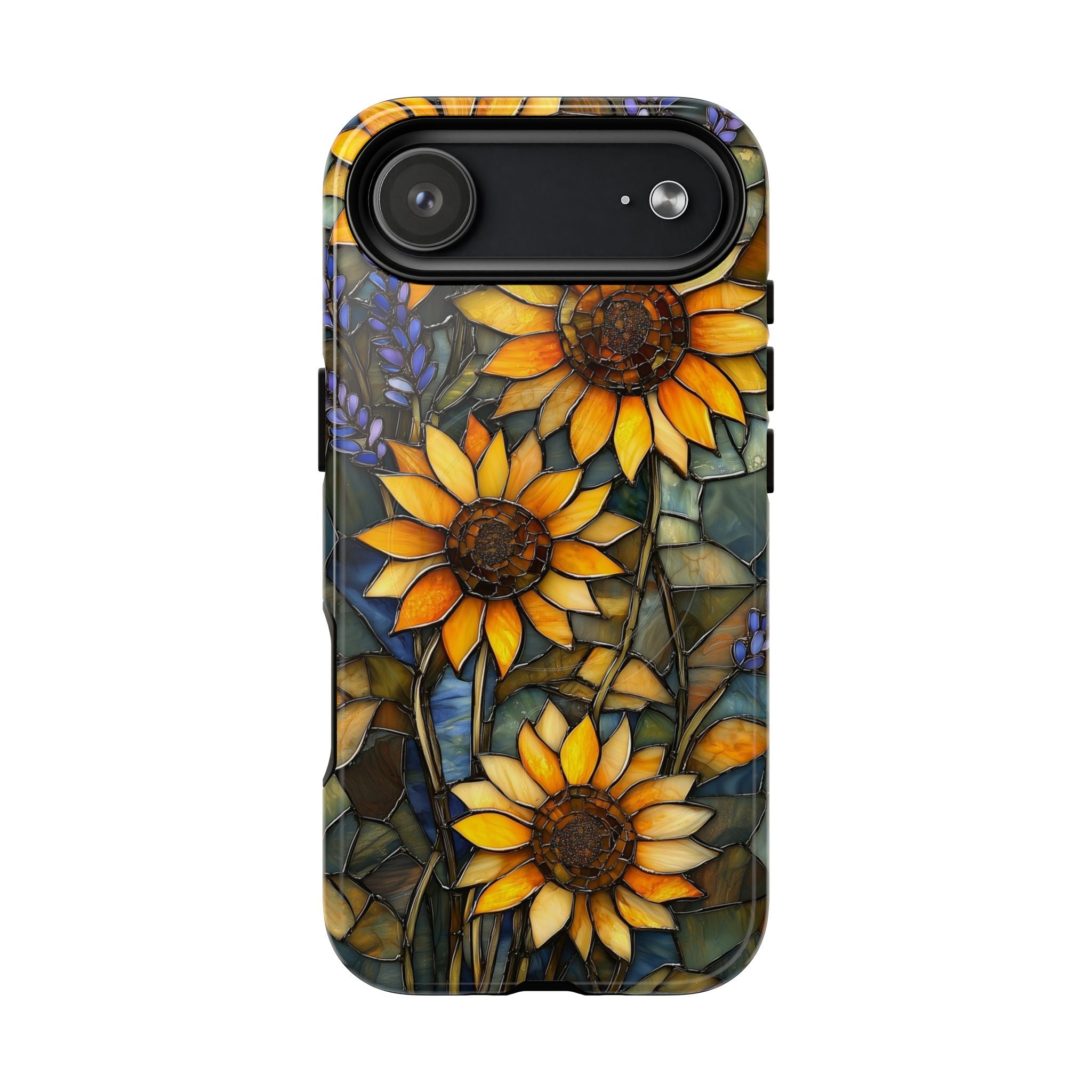 Custodia MagSafe resistente per iPhone con motivo a girasole in vetro colorato
