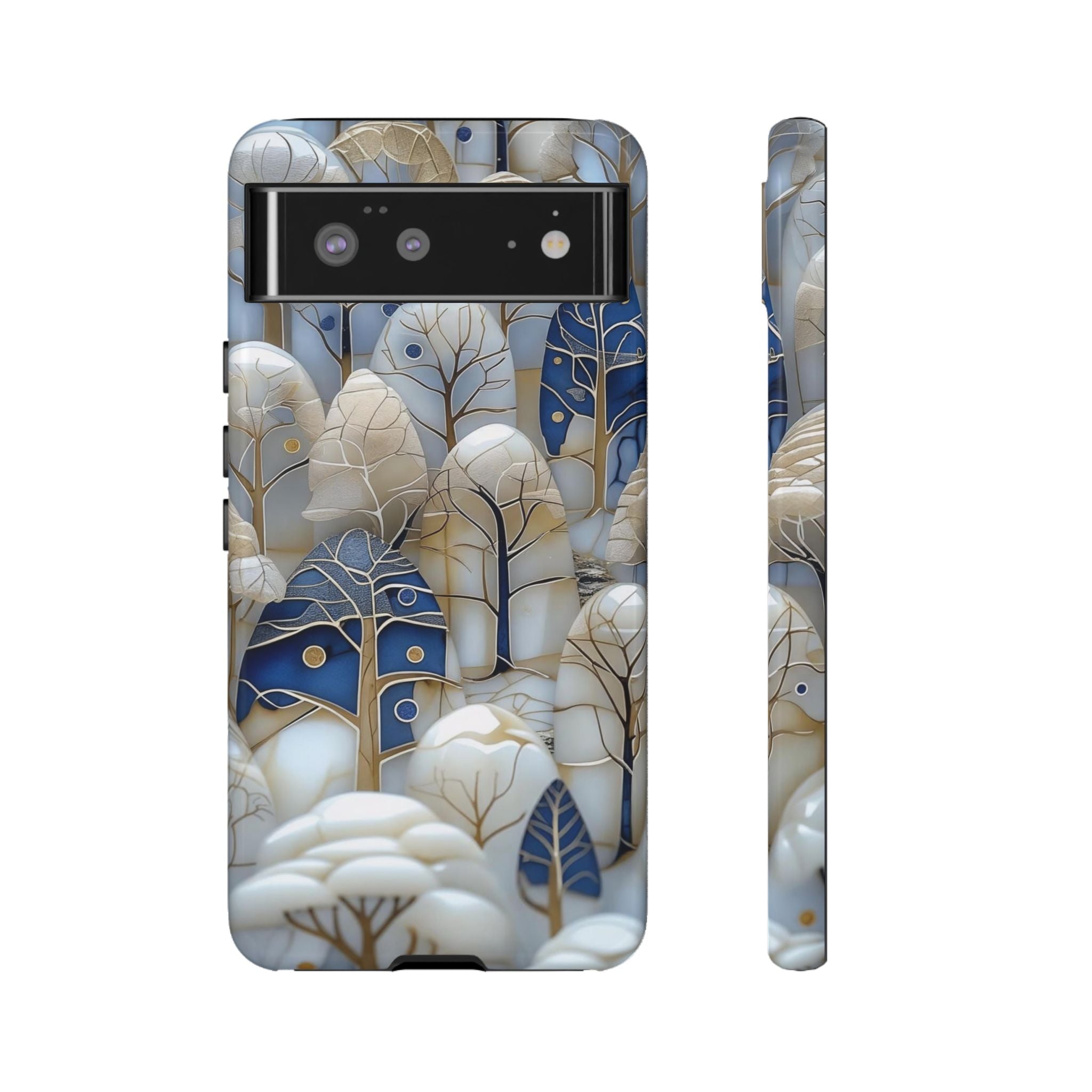 Blue Gold Winter Forest Google Pixel Case — Elegant Tree Pattern Tough Case