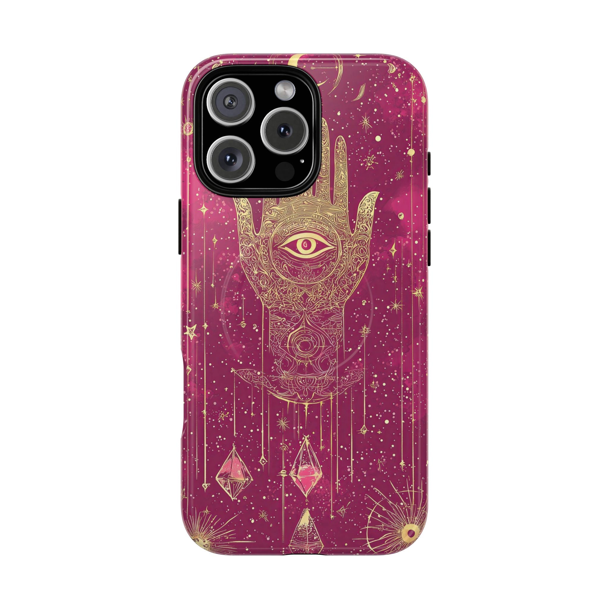 Custodia MagSafe per iPhone Mystic Hamsa | Palma dorata e occhio onniveggente su galassia magenta