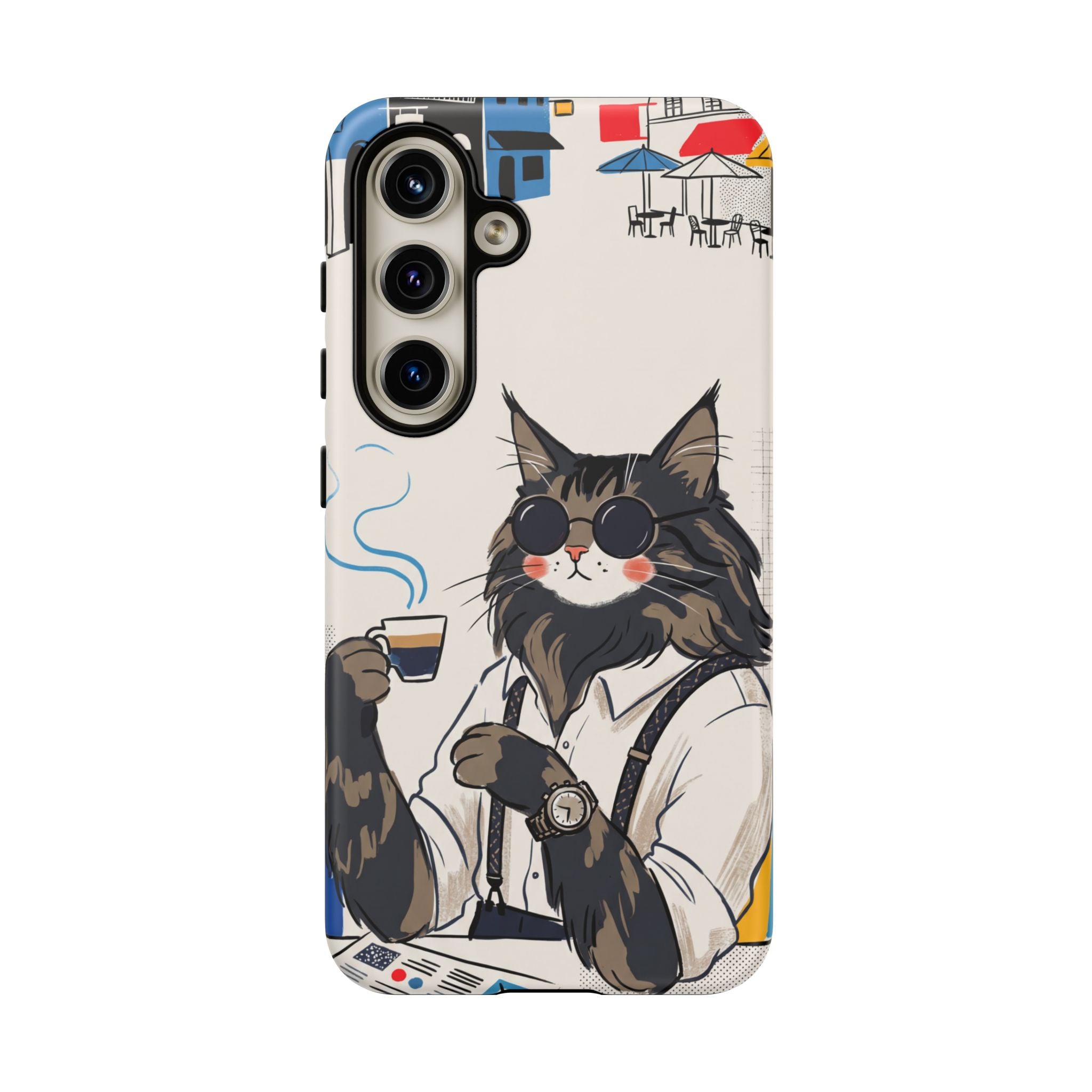 Cat Barista Samsung Galaxy Phone Case | Cool Cat in Sunglasses Coffee Shop Design