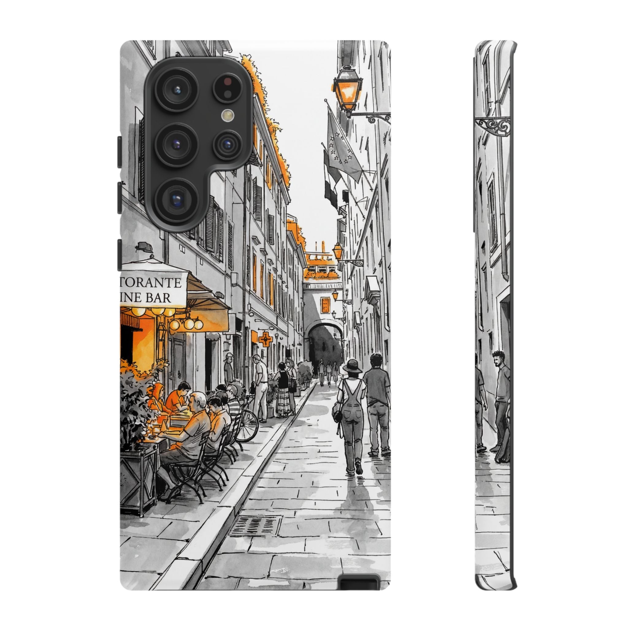 Italy Street Samsung Galaxy Case | Black & White Cityscape with Orange Accents