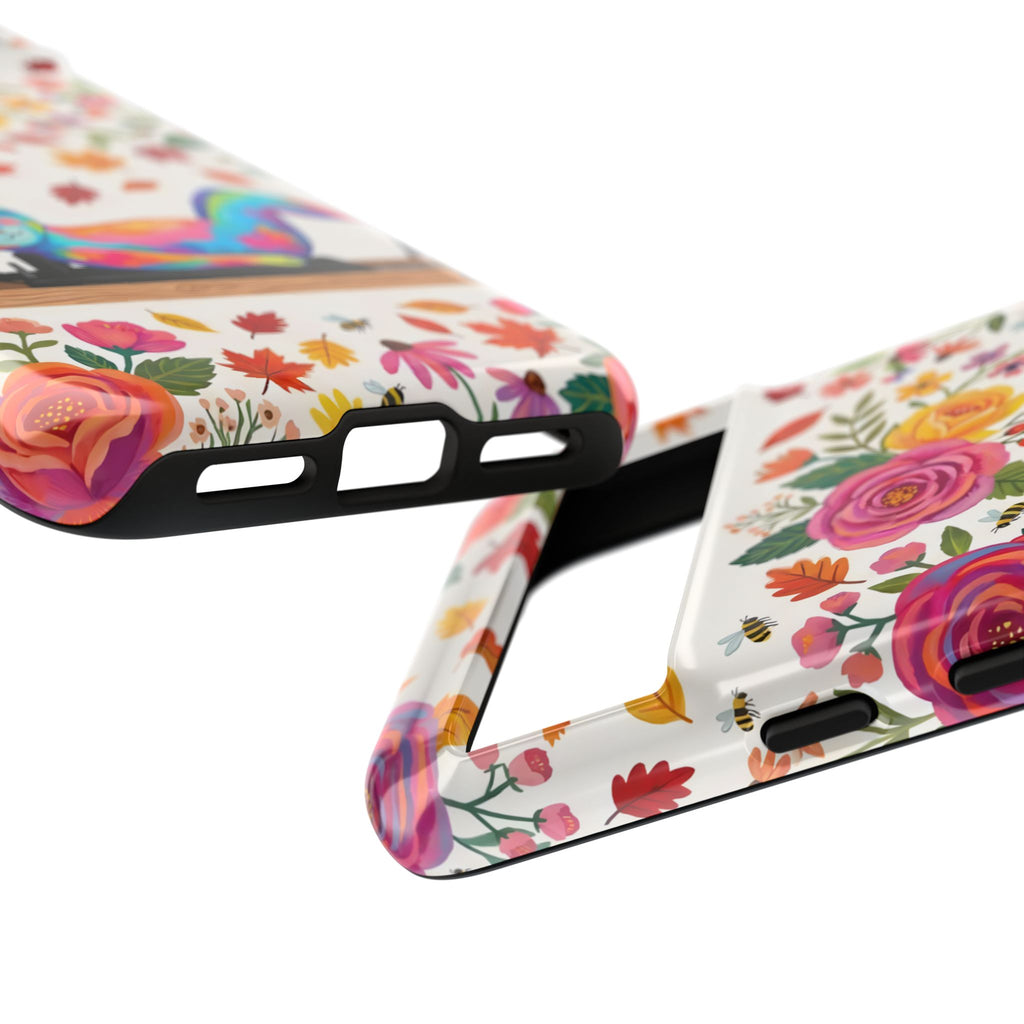 Autumn Floral Pilates Google Pixel Phone Case | Colorful Rainbow Pilates Cat on Falling Leaves