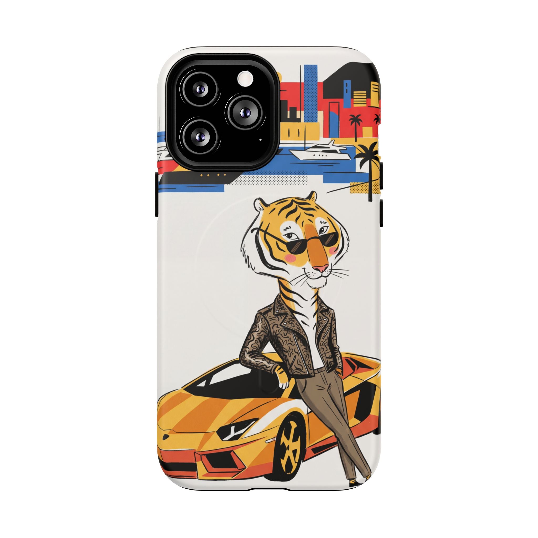 Stylish Tiger with Sports Car Illustration MagSafe iPhone Case
