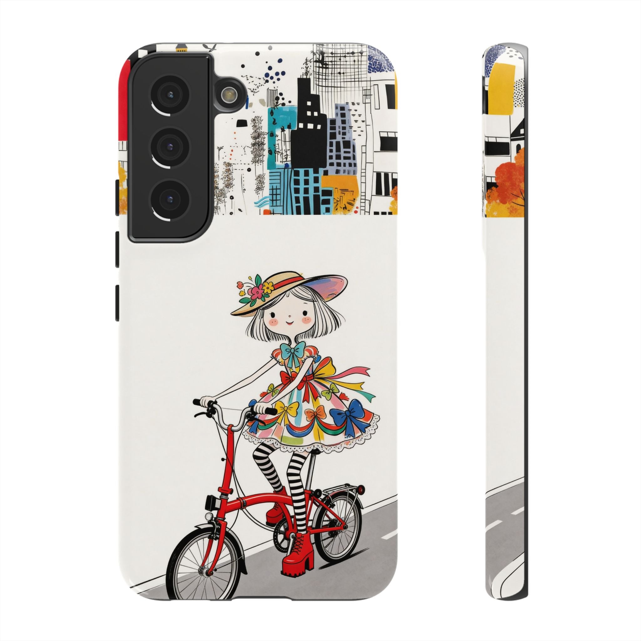 Whimsical Girl on Brompton Bicycle Urban Illustration Samsung Galaxy Phone Case