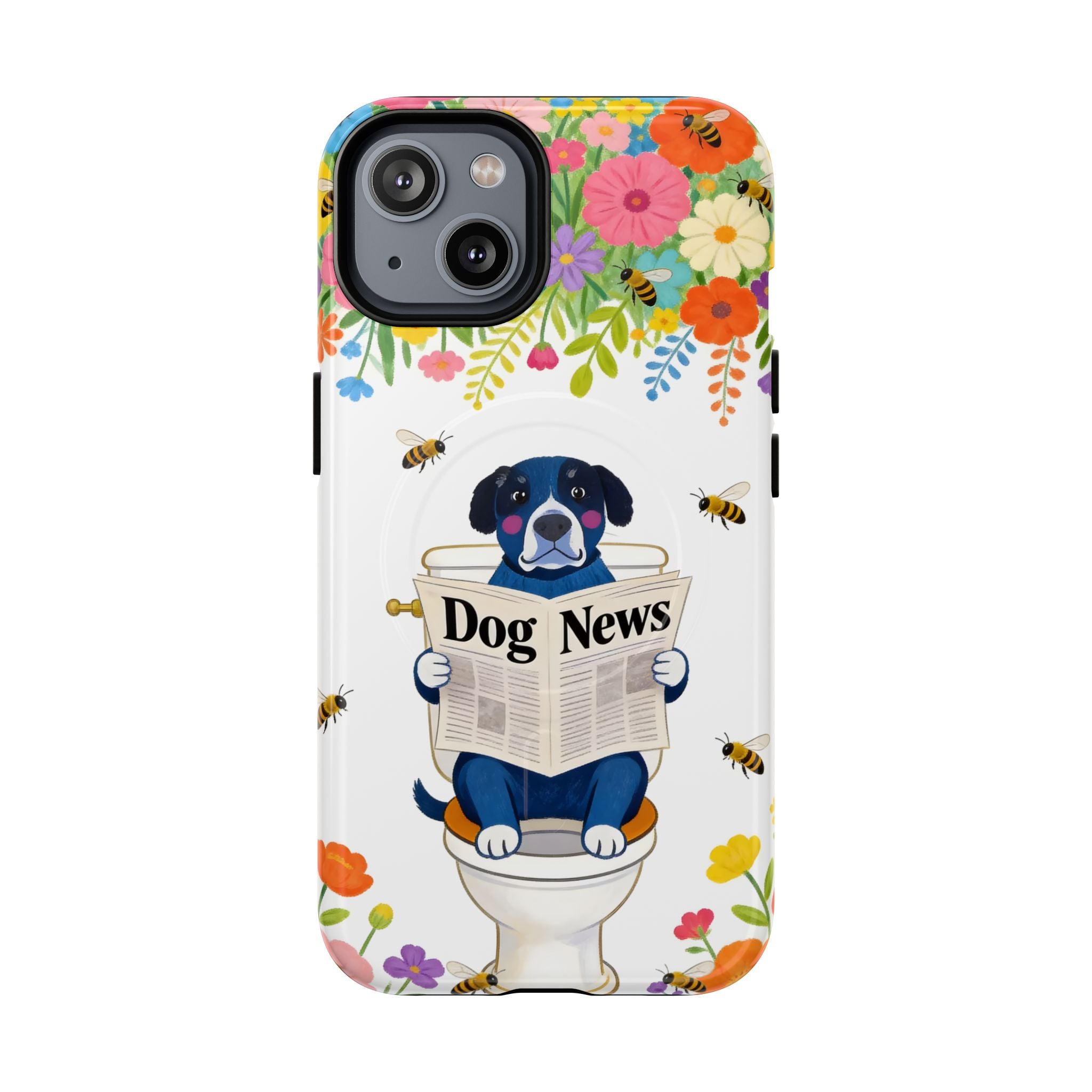 Dog News Floral MagSafe iPhone Case | Cute Dog on Toilet Pattern, Spring Floral iPhone Cover