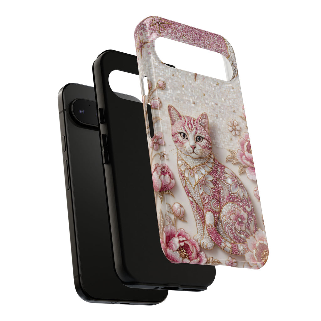 Cover per cellulare Google Pixel con gatto floreale vintage | Cover per telefono con luna rosa e rose