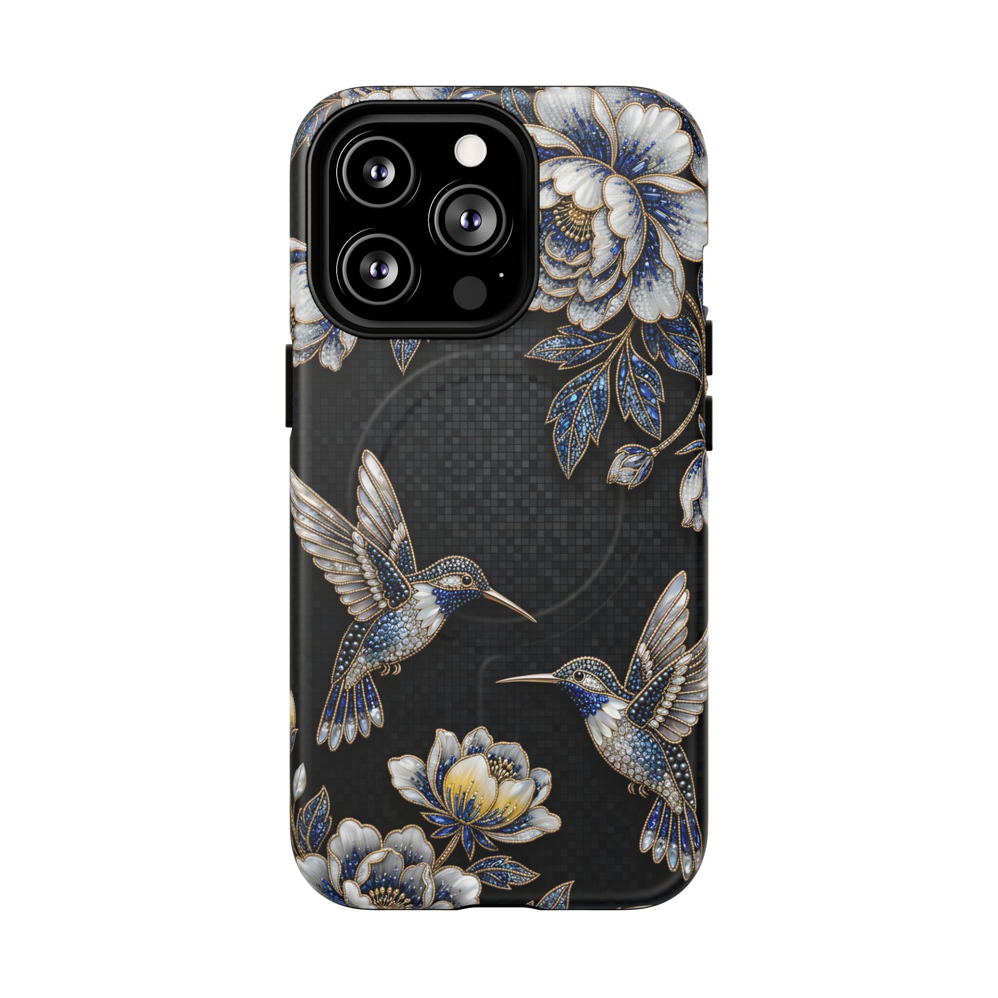 Hummingbird & Peony Floral MagSafe iPhone Case | Elegant Black Protective Cover
