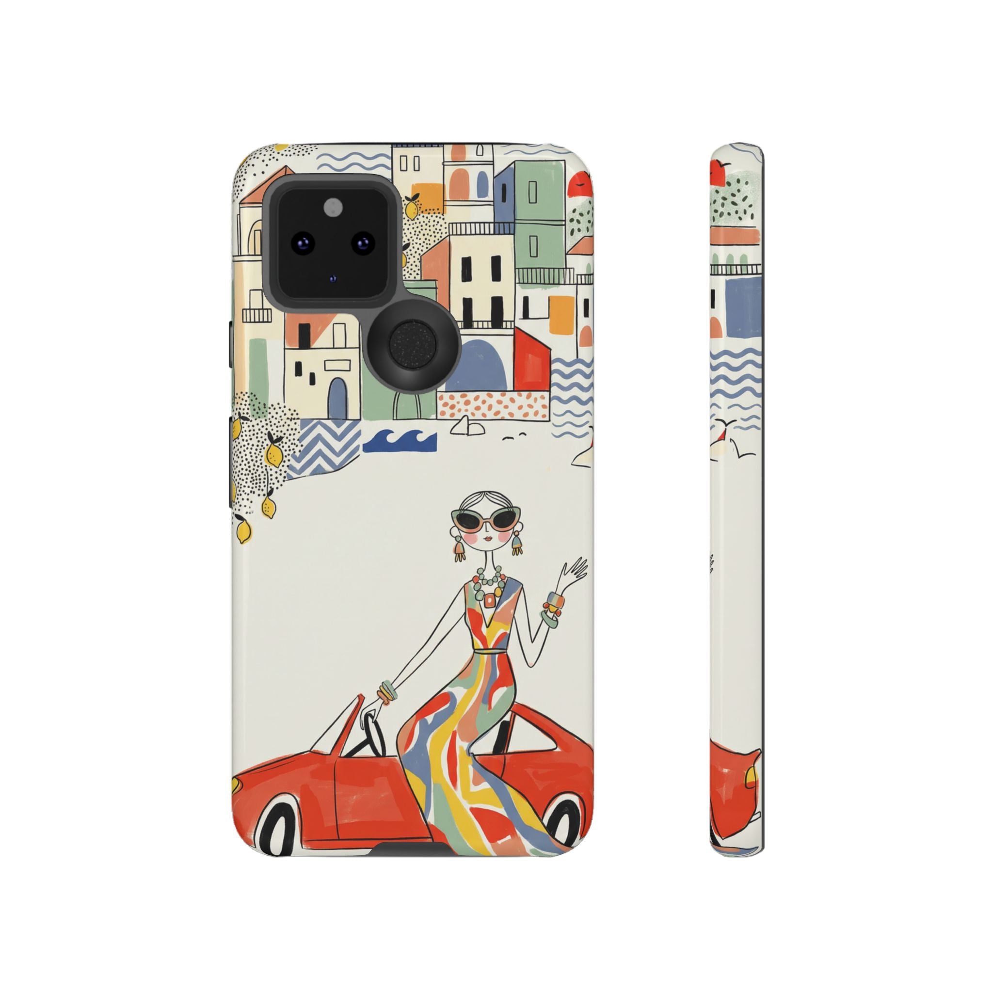 Stylish Riviera Google Pixel Phone Case | Chic Retro Woman in Convertible Design