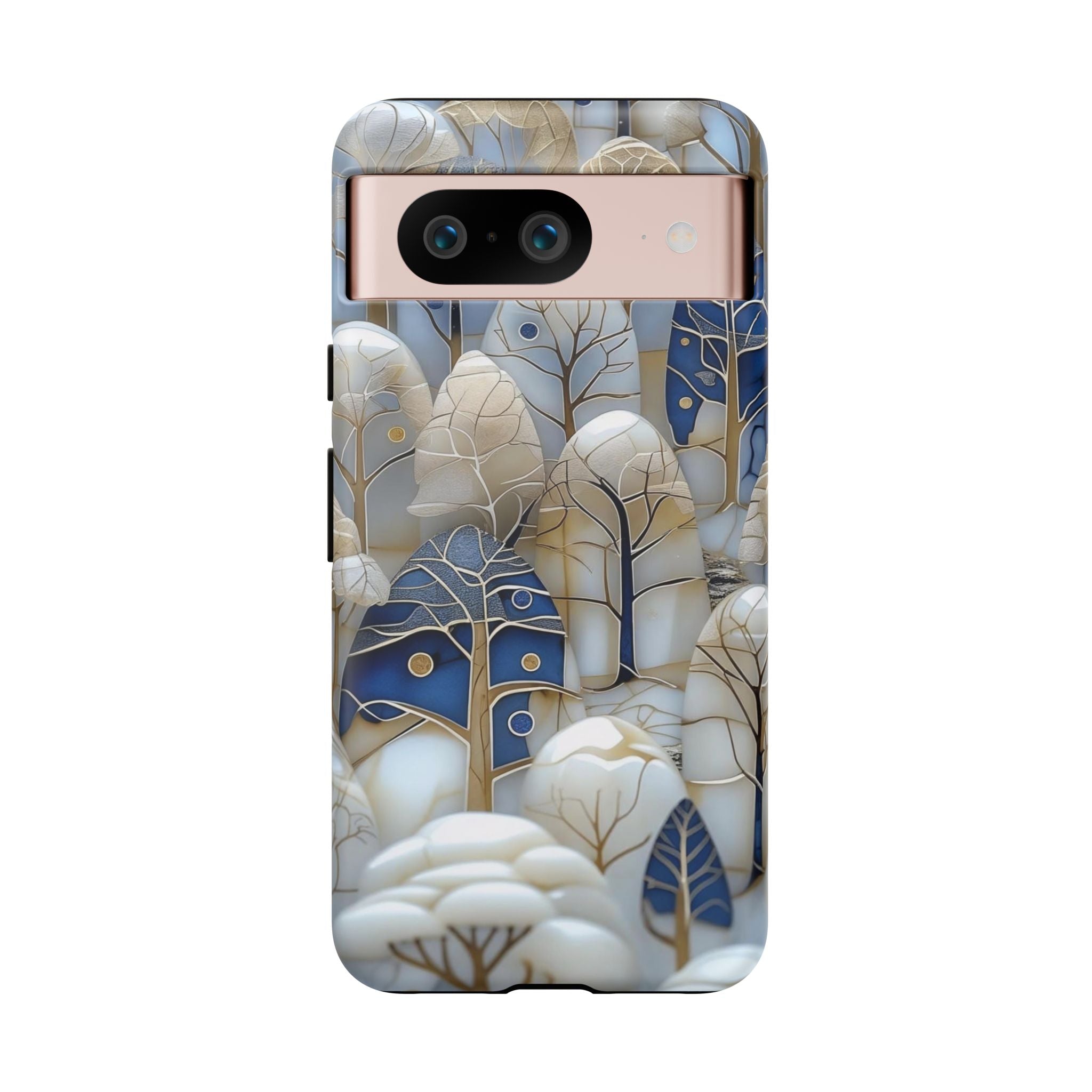 Blue Gold Winter Forest Google Pixel Case — Elegant Tree Pattern Tough Case