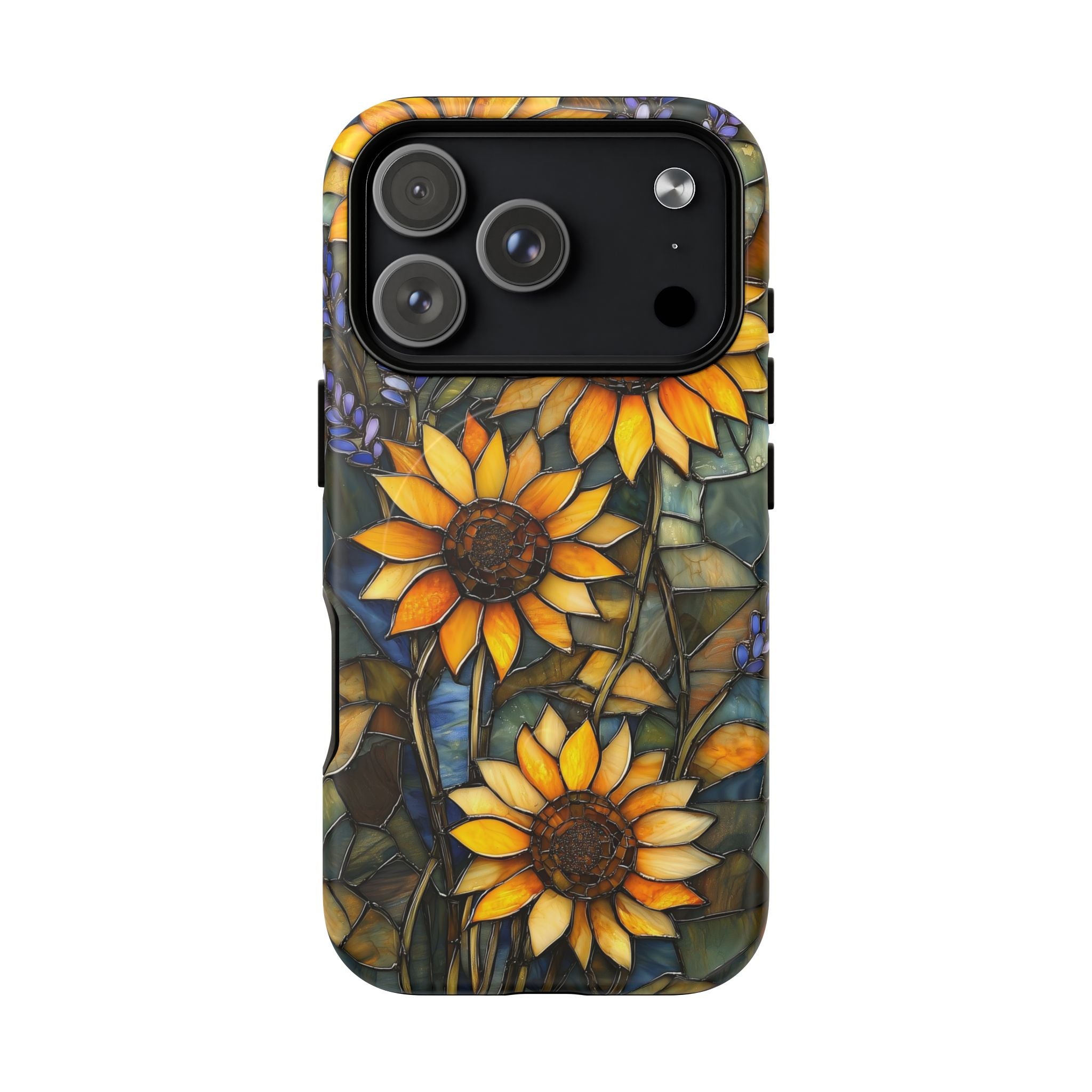 Custodia MagSafe resistente per iPhone con motivo a girasole in vetro colorato