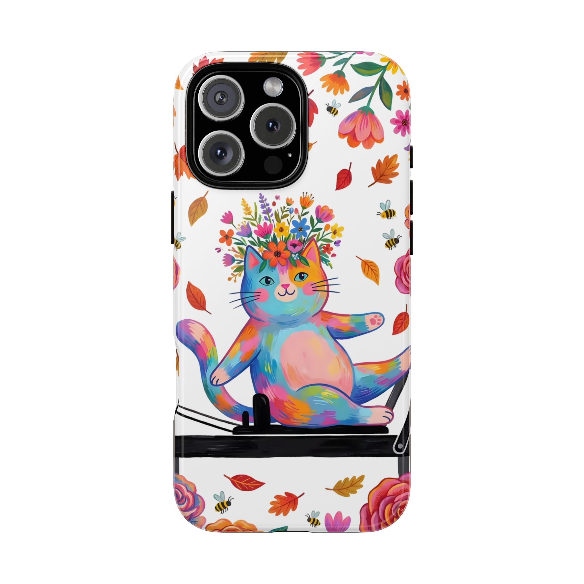 Colorful Floral Cat on Pilates Reformer Protective iPhone Case