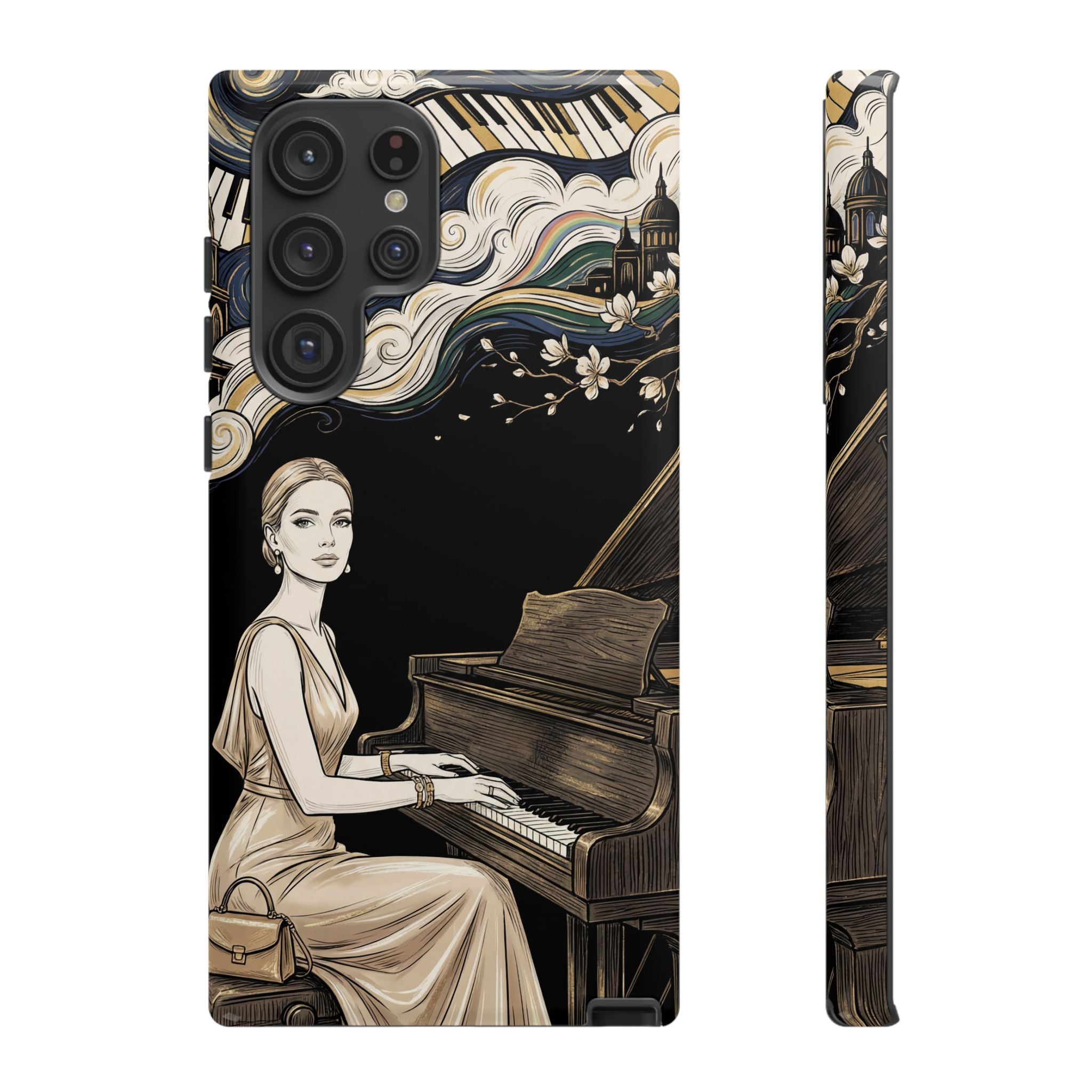 Elegant Piano Woman Samsung Galaxy Phone Case | Vintage Art Deco Music Design