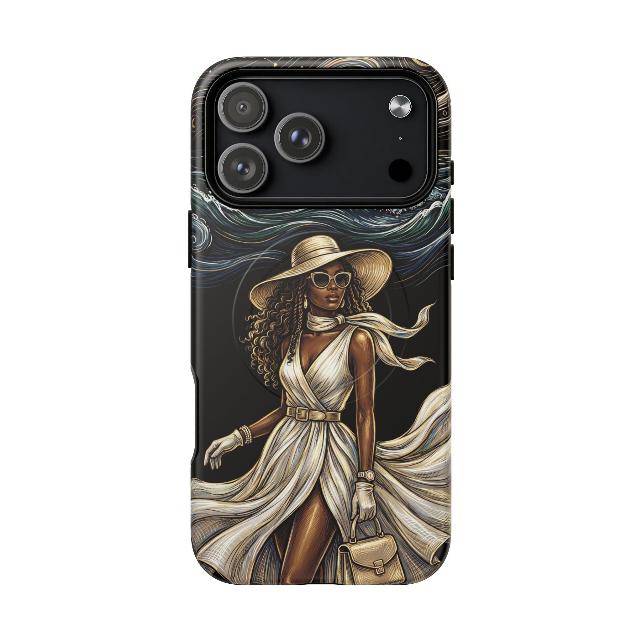 MagSafe iPhone Case | Elegant Black Woman in Flowing Dress by the Sea