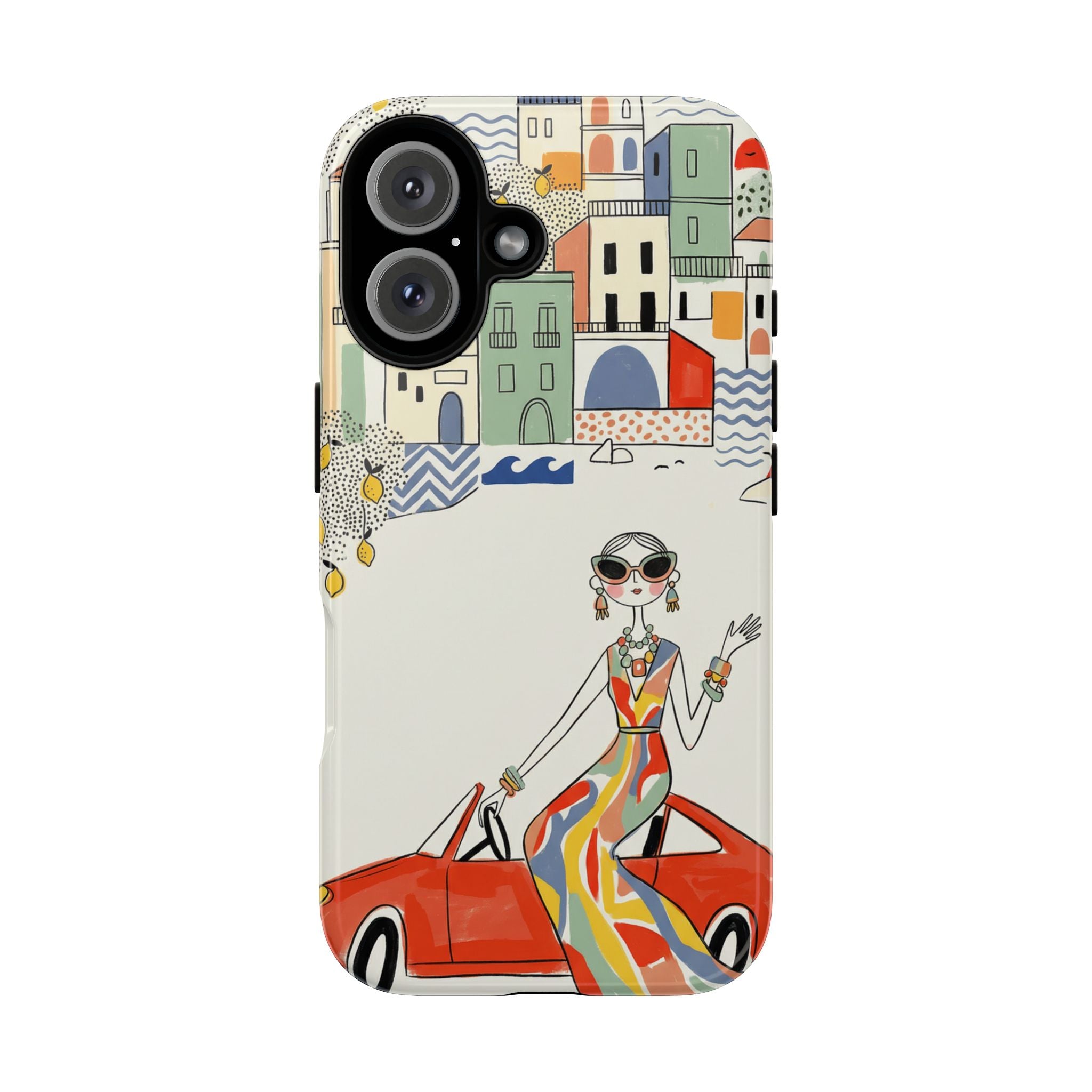 Stylish Riviera iPhone Case | Chic Retro Woman in Convertible Design