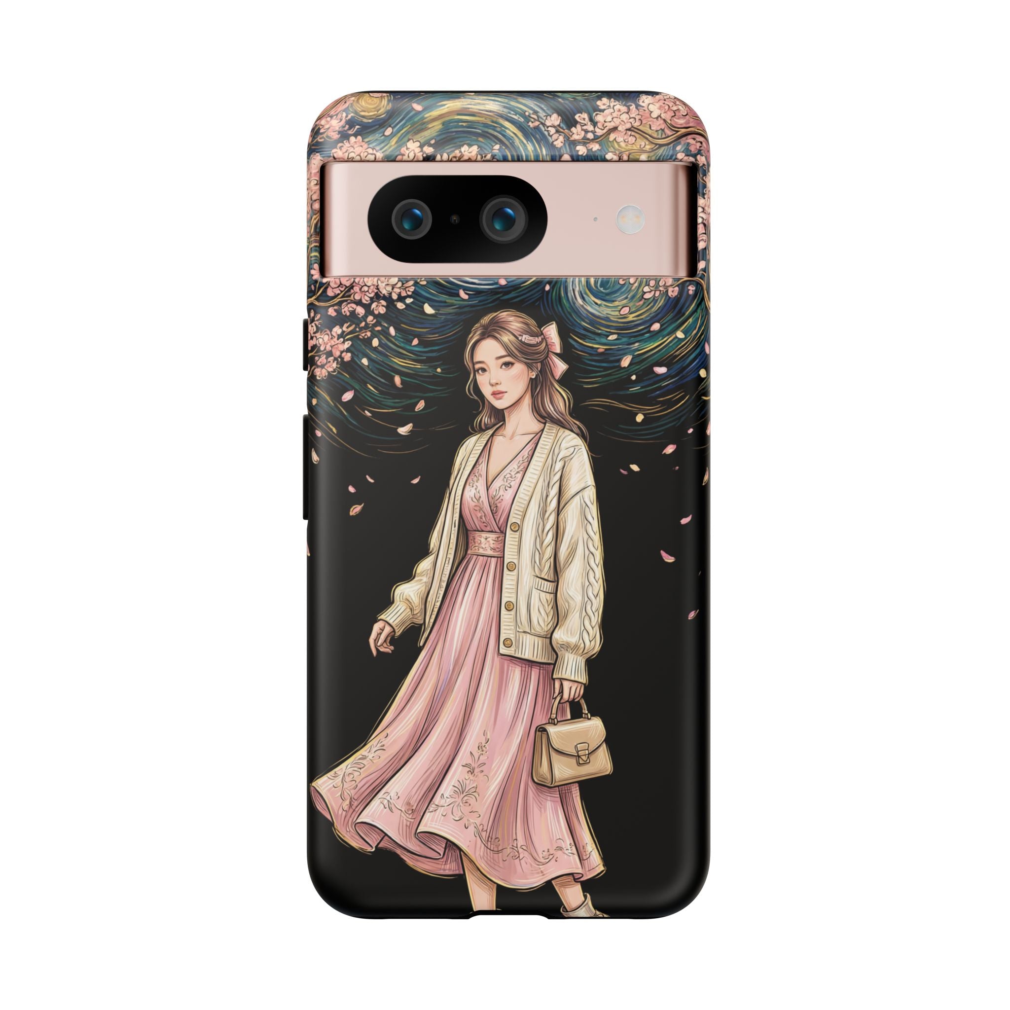 Floral Starry Night Google Pixel Phone Case | Elegant Girl in Pink Dress