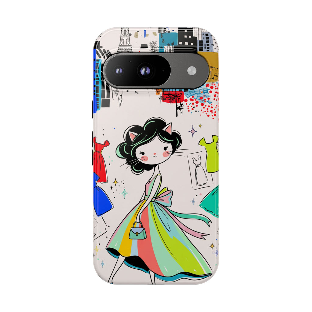 Retro Fashion Cat Girl Google Pixel Phone Case | Cute Dress & City Print