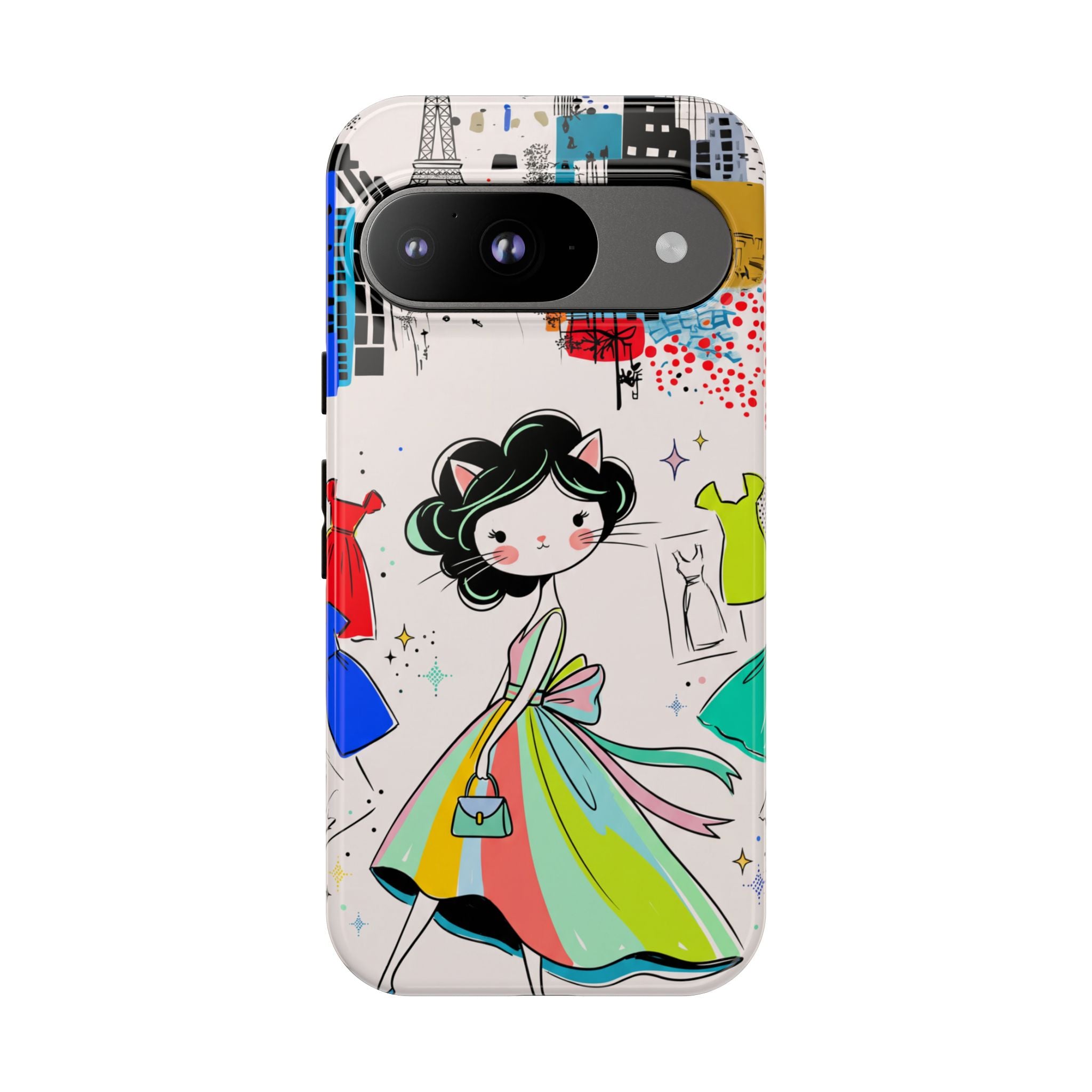 Retro Fashion Cat Girl Google Pixel Phone Case | Cute Dress & City Print
