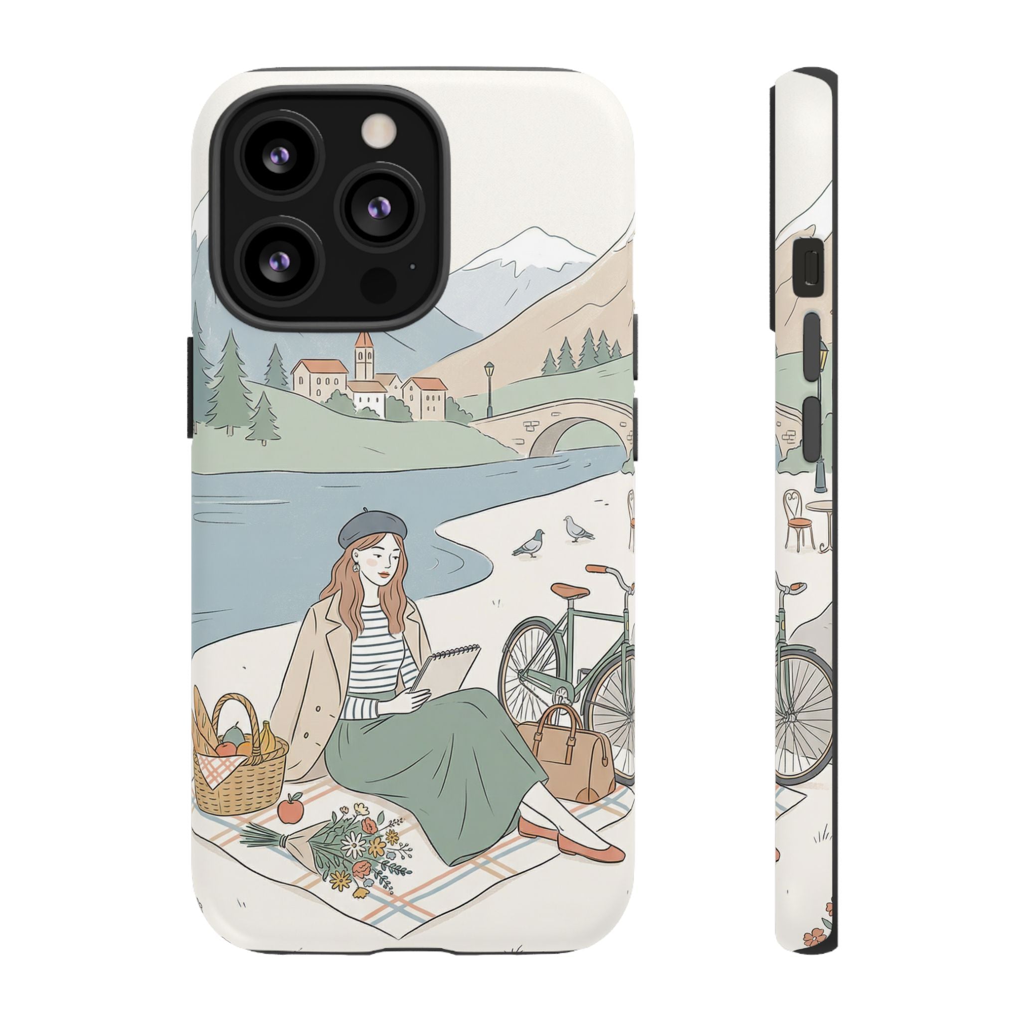 Scenic Picnic iPhone Case | Vintage Bicycle & Mountain Illustration