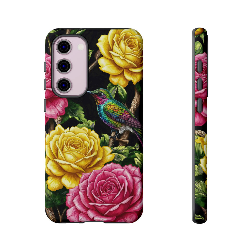 Floral Hummingbird Tough Samsung Galaxy Phone Case | Vibrant Rose & Yellow Garden Protection
