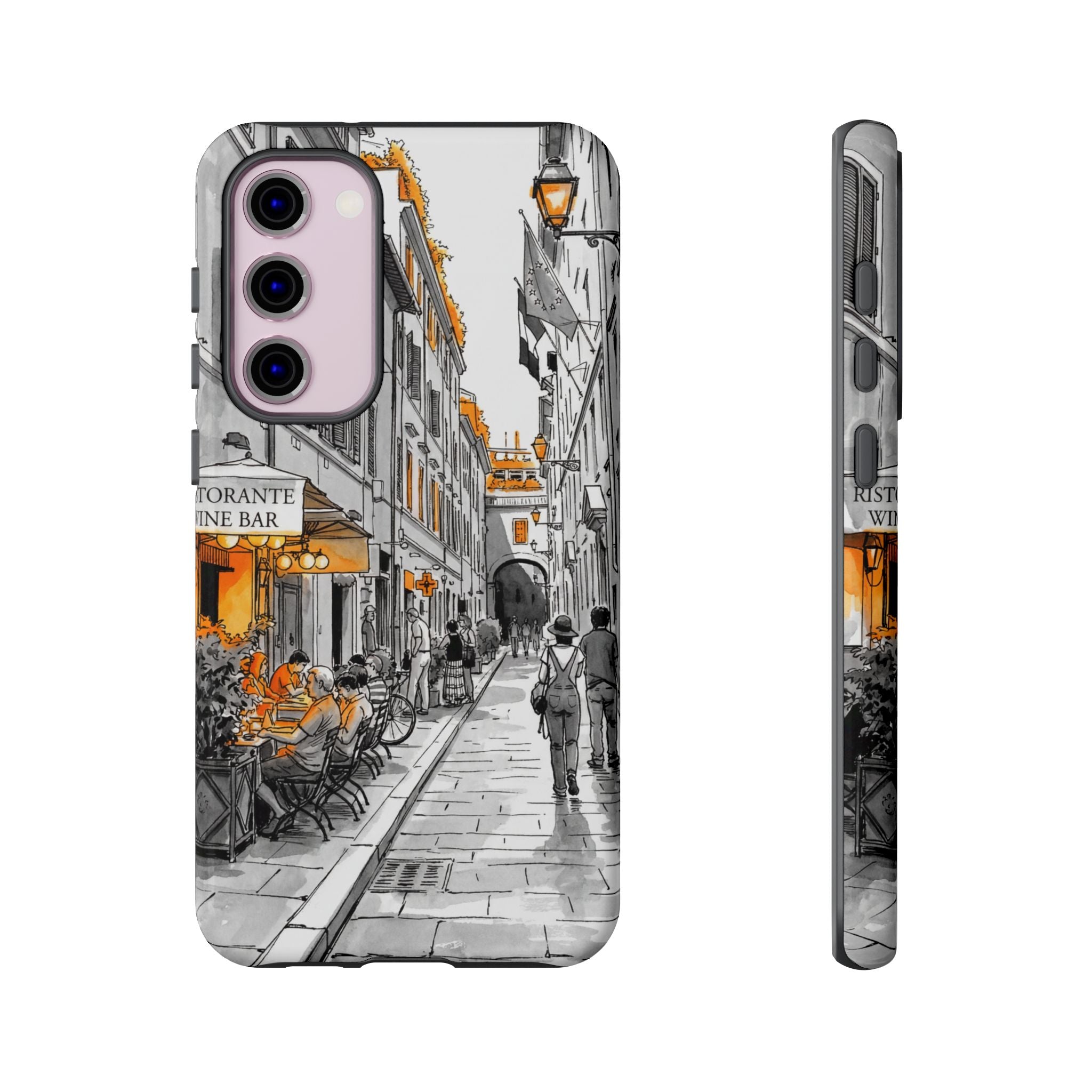 Italy Street Samsung Galaxy Case | Black & White Cityscape with Orange Accents