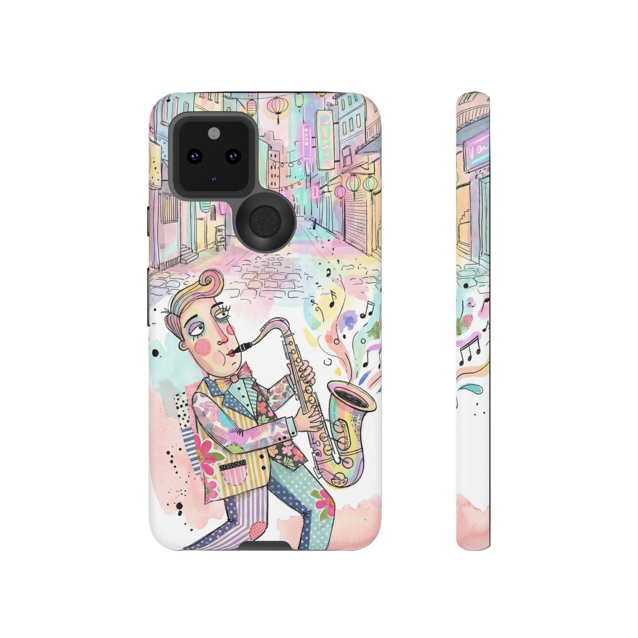 Sax Player Art Google Pixel Phone Case | Pastel Jazz Street Illustration