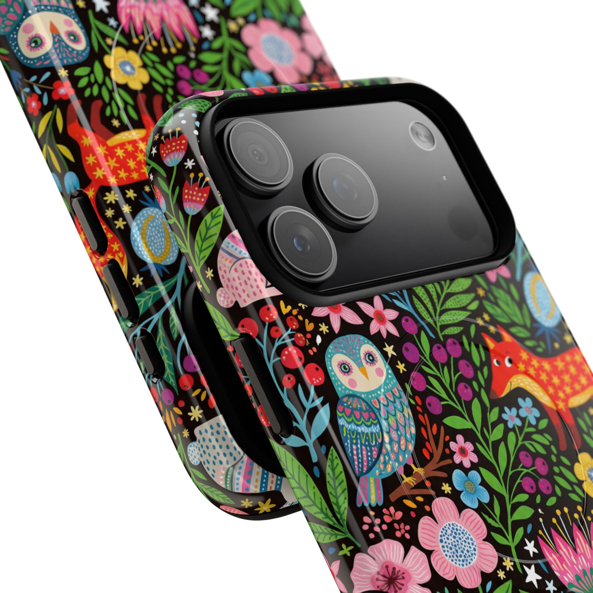 Floral Woodland MagSafe iPhone Case | Colourful Fox & Owl Protective Cover