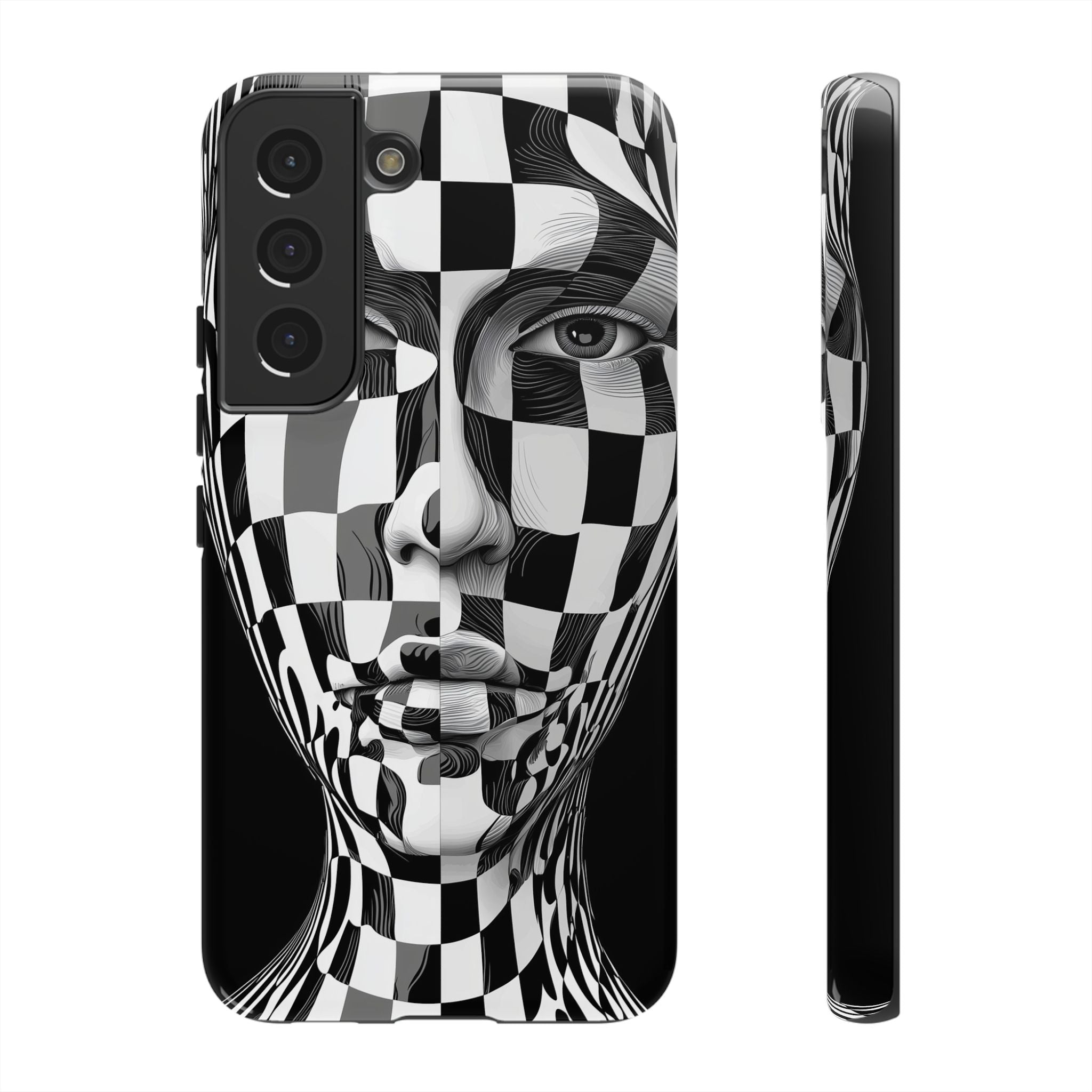 Checkerboard Face Tough Samsung Galaxy Case — Black & White Surreal Art Protective Cover