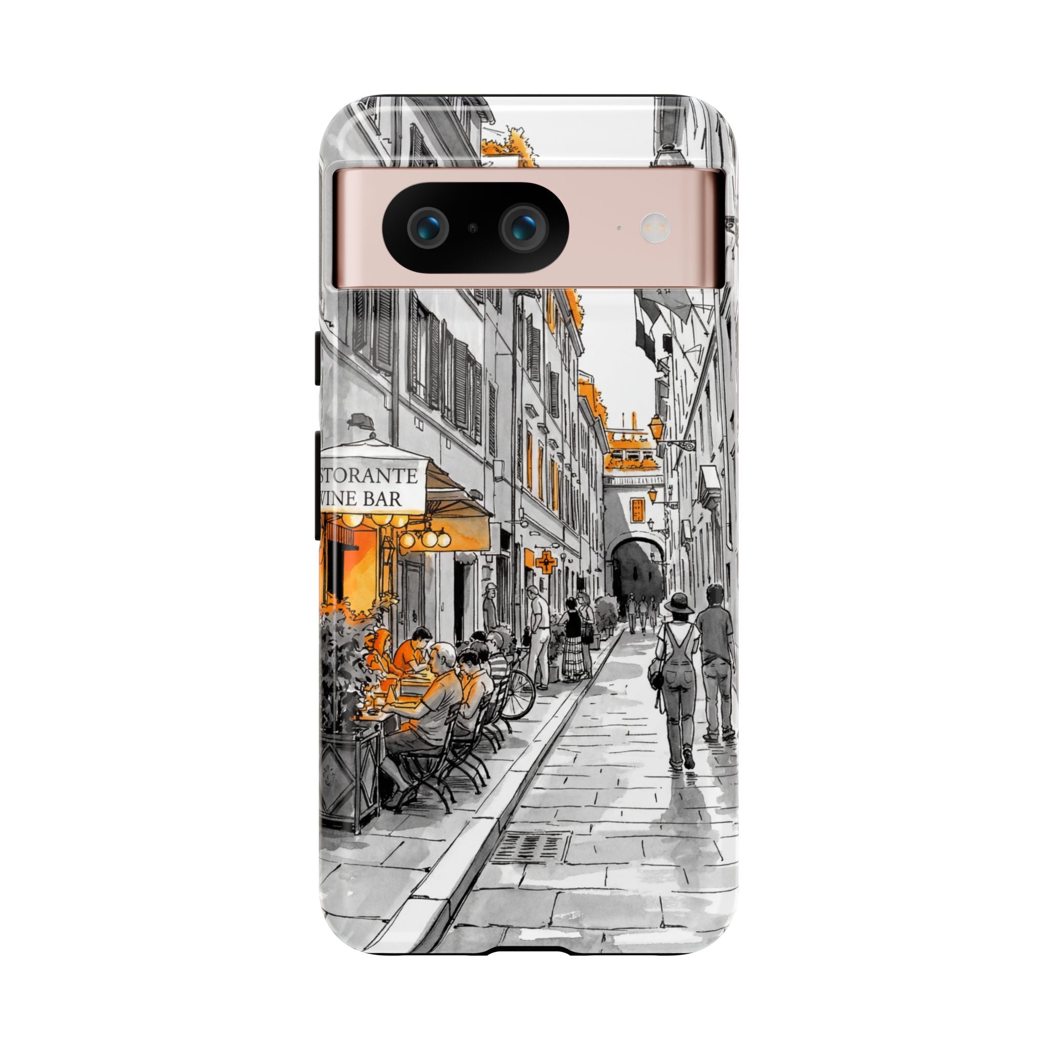 Italy Street Phone Case | Vintage Italian Cafe Sketch with Orange Accents
