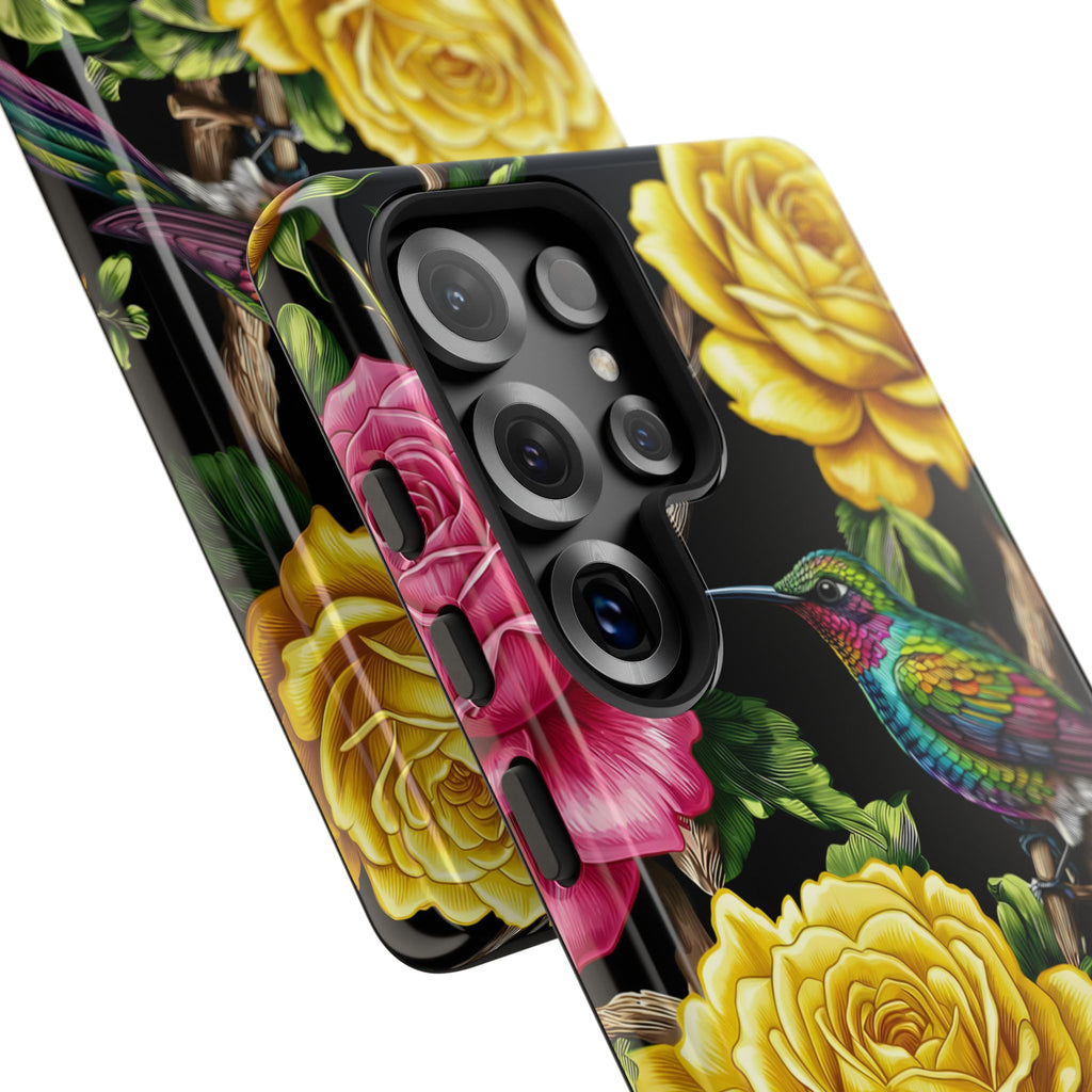 Floral Hummingbird Tough Samsung Galaxy Phone Case | Vibrant Rose & Yellow Garden Protection