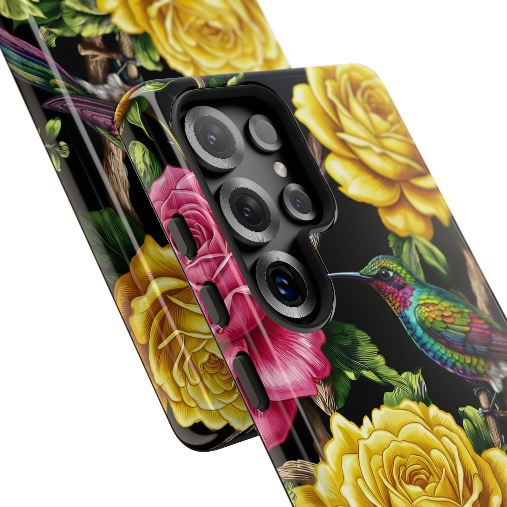 Floral Hummingbird Tough Samsung Galaxy Phone Case | Vibrant Rose & Yellow Garden Protection