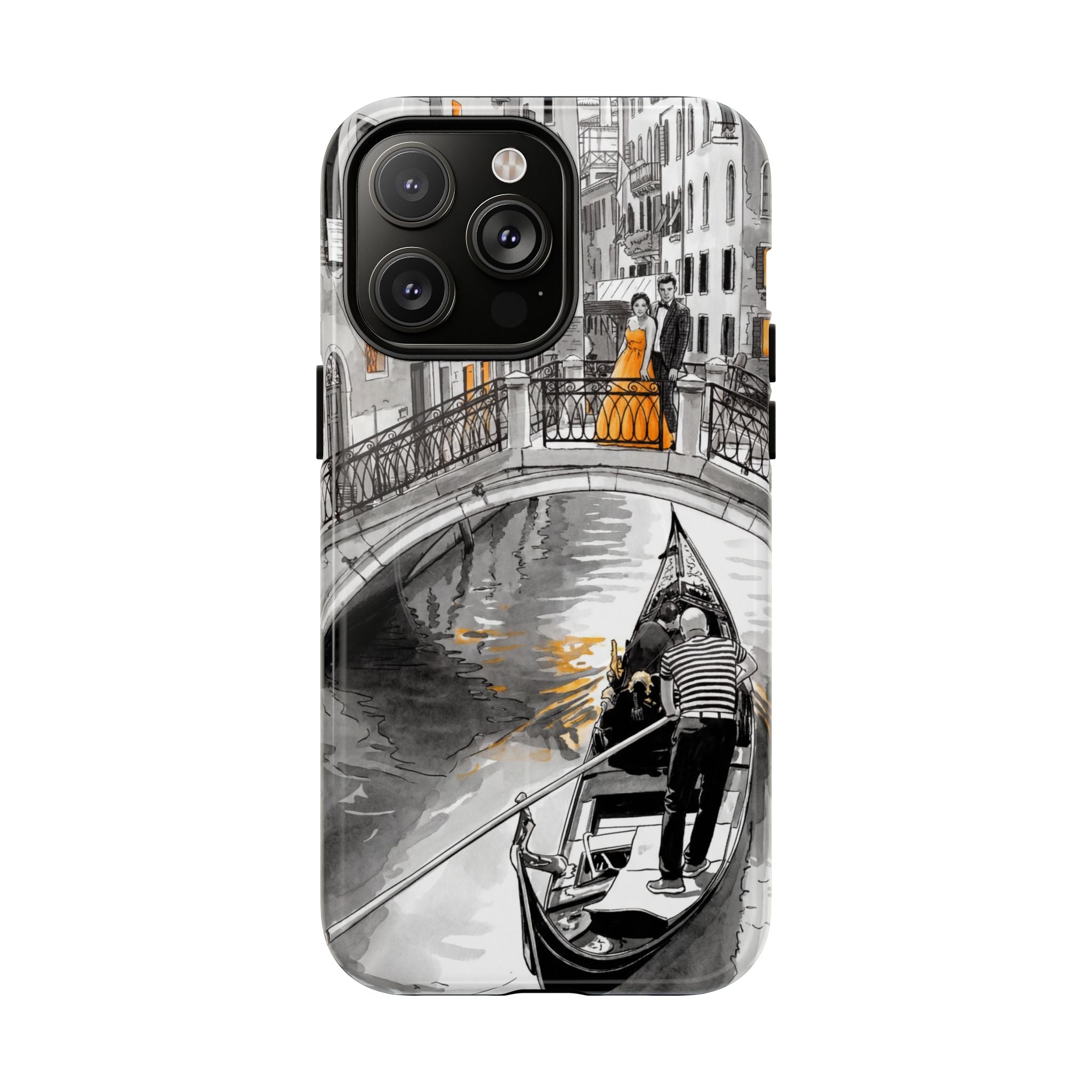 Custodia per iPhone Gondola di Venezia | Custodia MagSafe resistente con motivo schizzo in bianco e nero e dettagli dorati