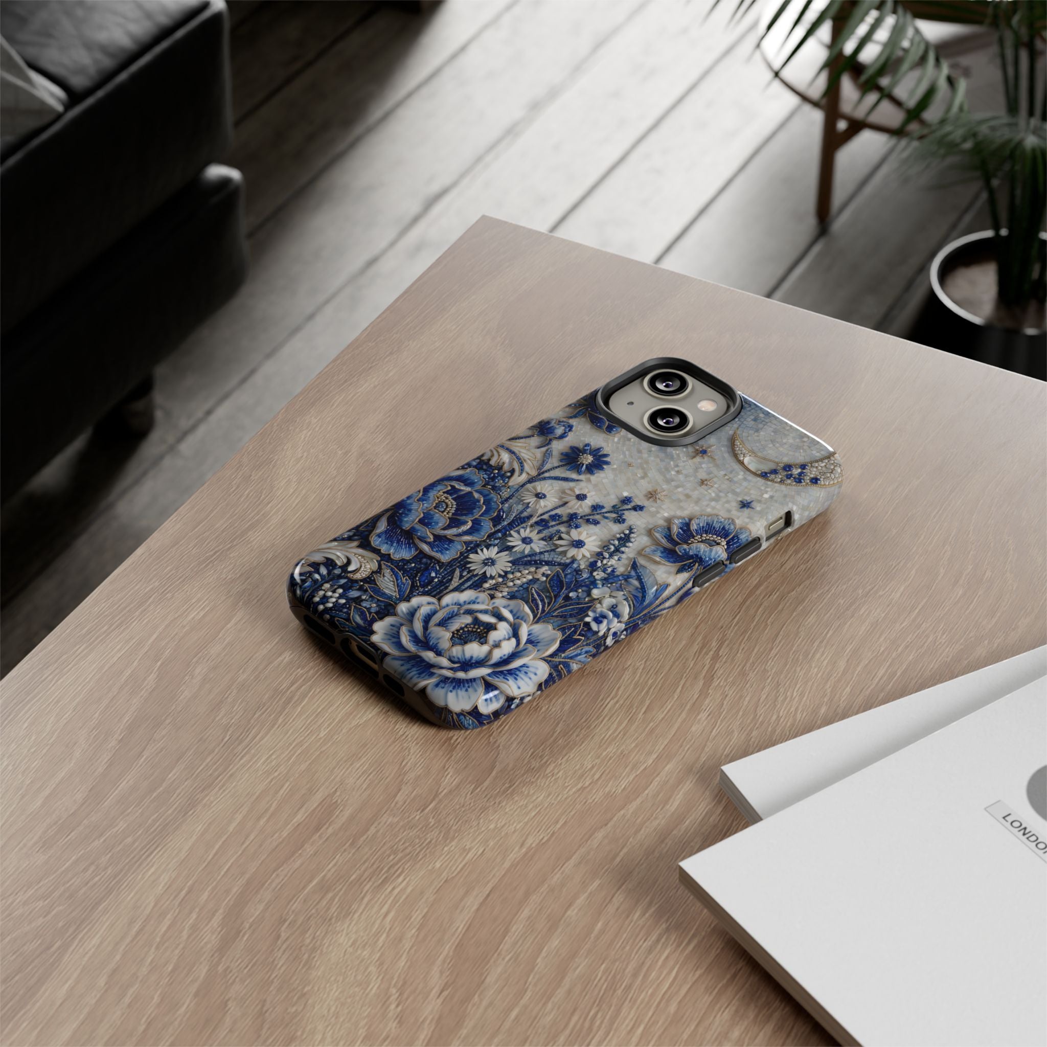 Cover iPhone Luna Floreale Blu | Custodia Protettiva Vintage Motivo Botanico Notturno
