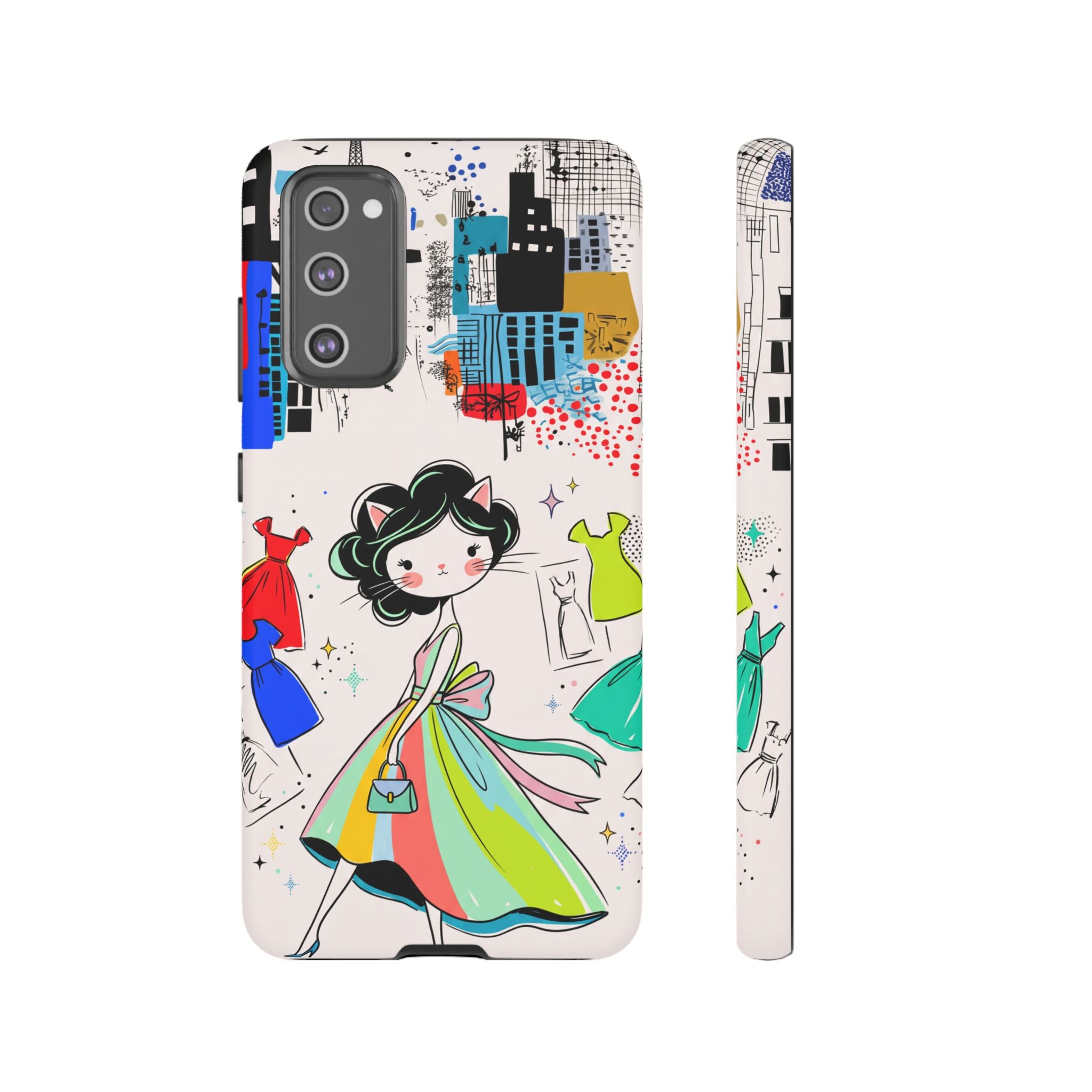 Retro Fashion Cat Girl Samsung Galaxy Phone Case | Cute Dress & City Print