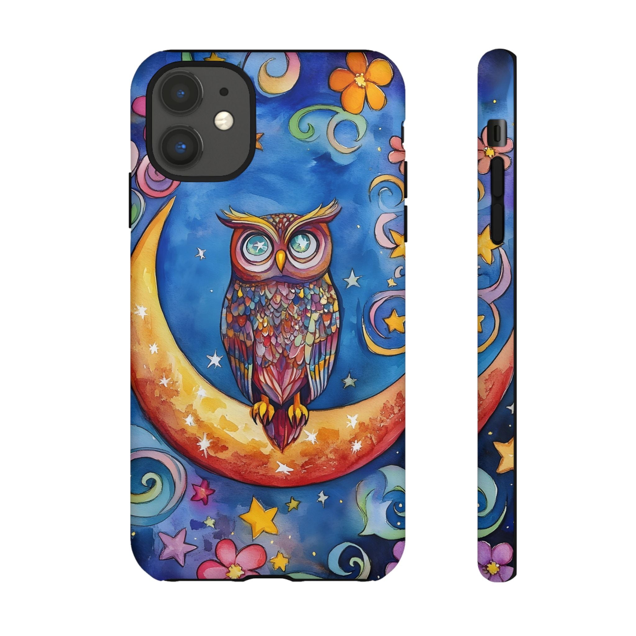 Owl on Crescent Moon iPhone Case — Colourful Whimsical Night Sky Design