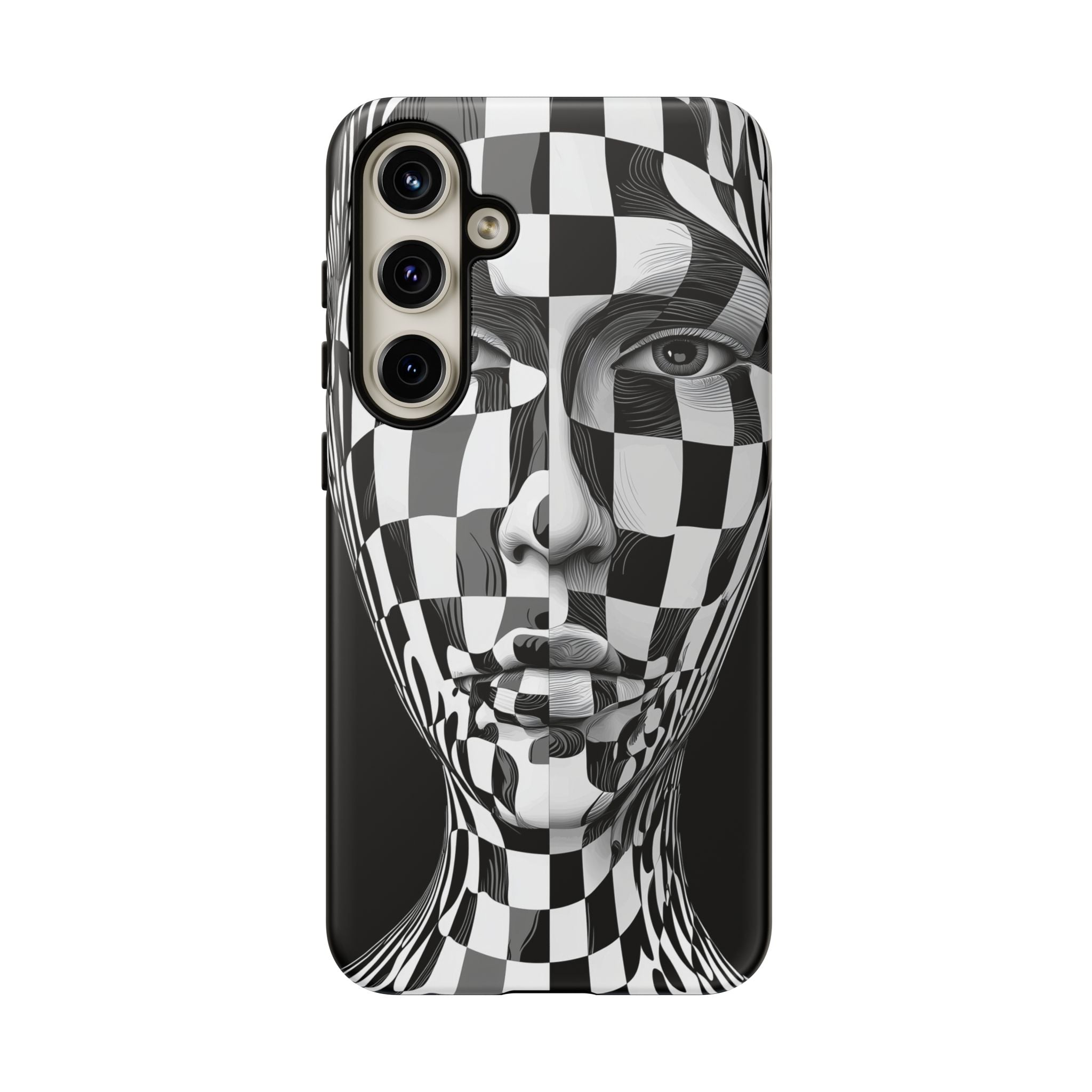 Checkerboard Face Tough Samsung Galaxy Case — Black & White Surreal Art Protective Cover