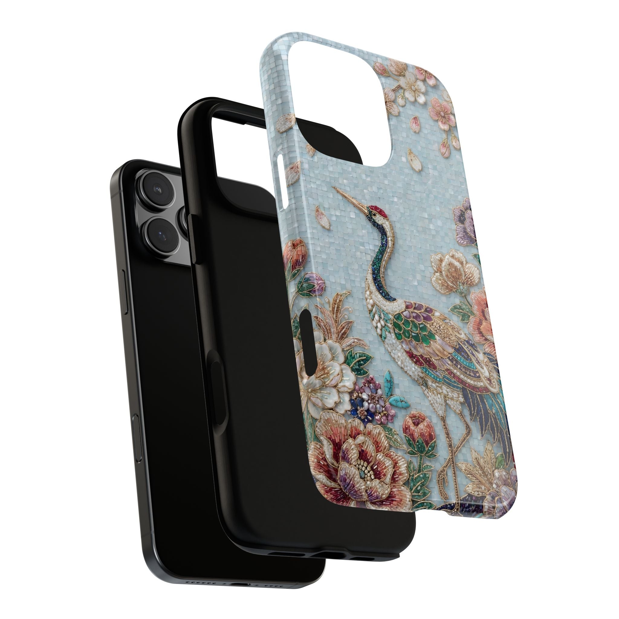 Floral Crane Tough iPhone Case | Vintage Embroidered Bird Protection